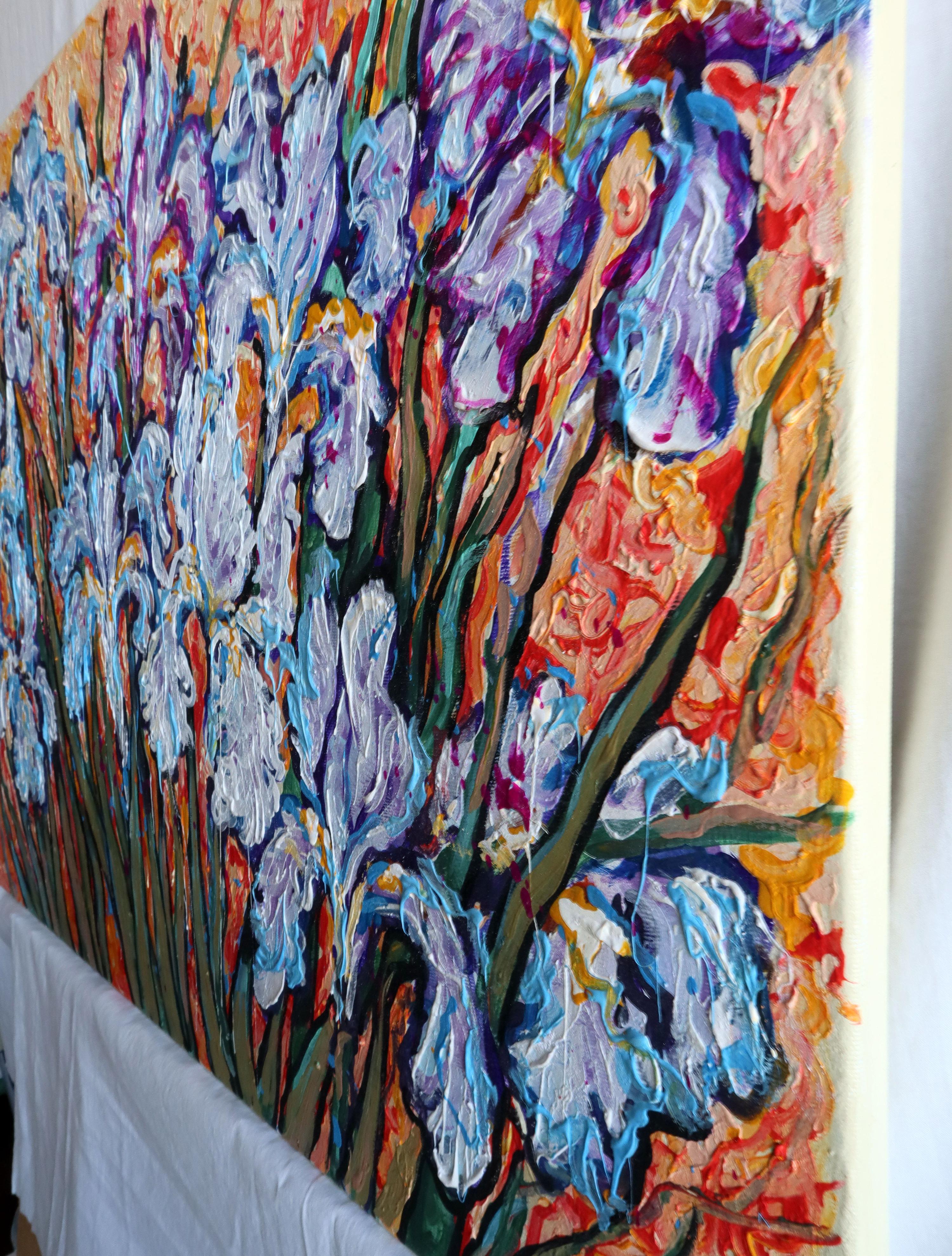 Irises on Gold - Gray Landscape Painting by RAKHMET REDZHEPOV (RAMZI)