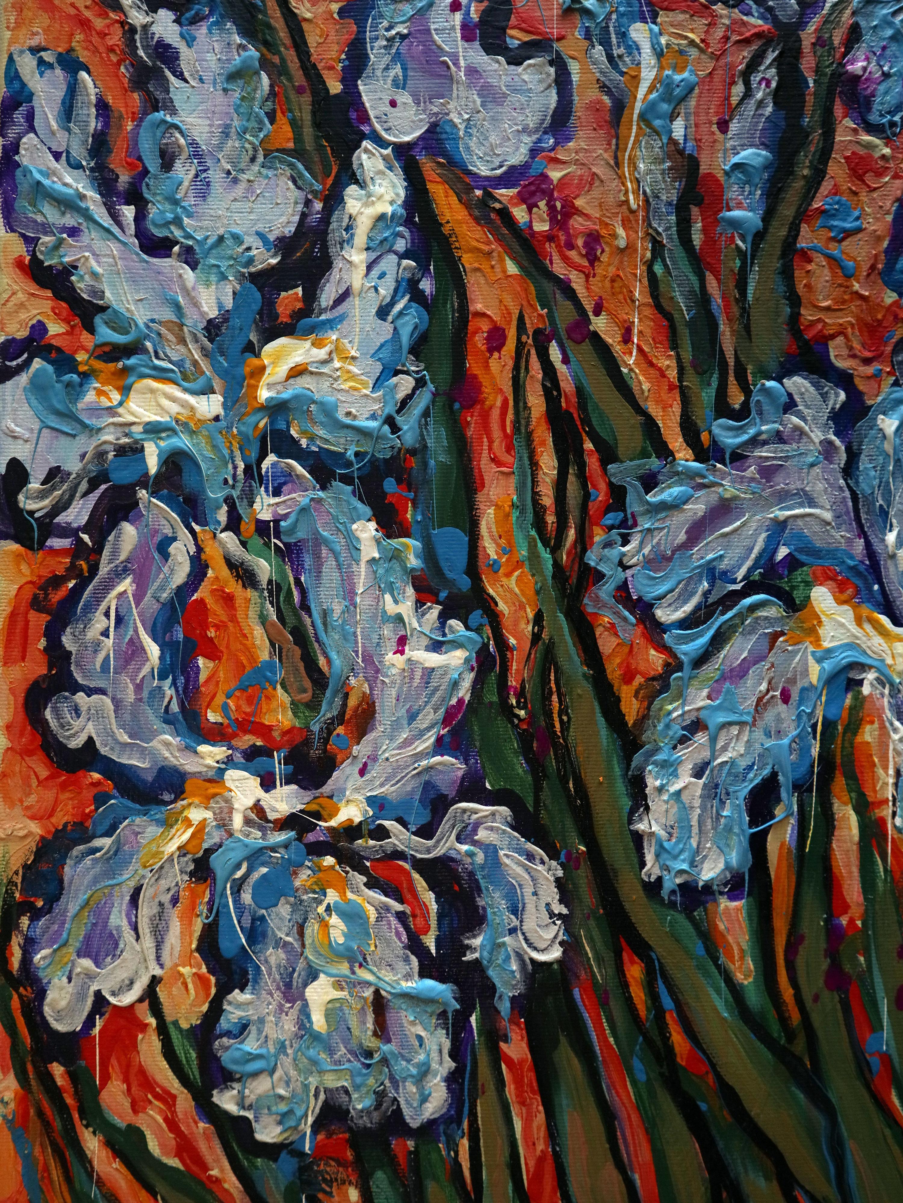 In this painting, I merged the vibrancy of irises with a radiant gold background, capturing a blend of Impressionism and Realism. Using acrylics and oils, I wanted to evoke a sense of renewal and vitality. The lush, lively strokes and rich colors
