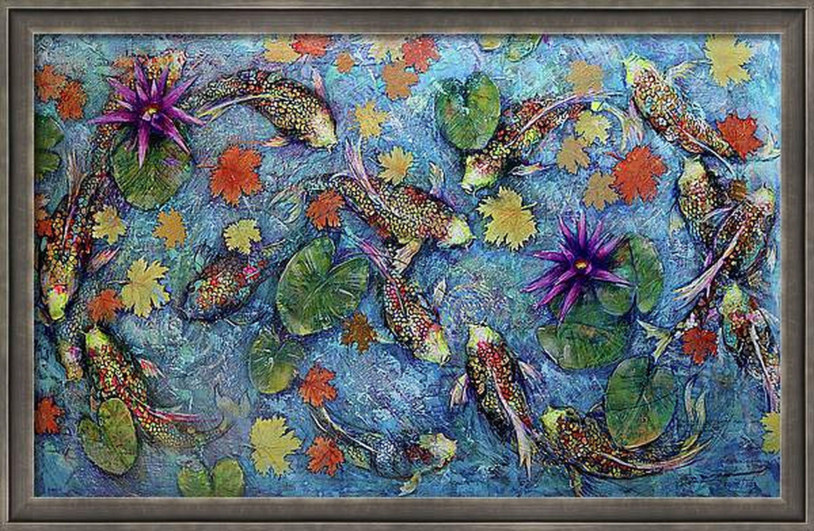 Koi Fish and Golden Leaves - Impressionist Painting by RAKHMET REDZHEPOV (RAMZI)