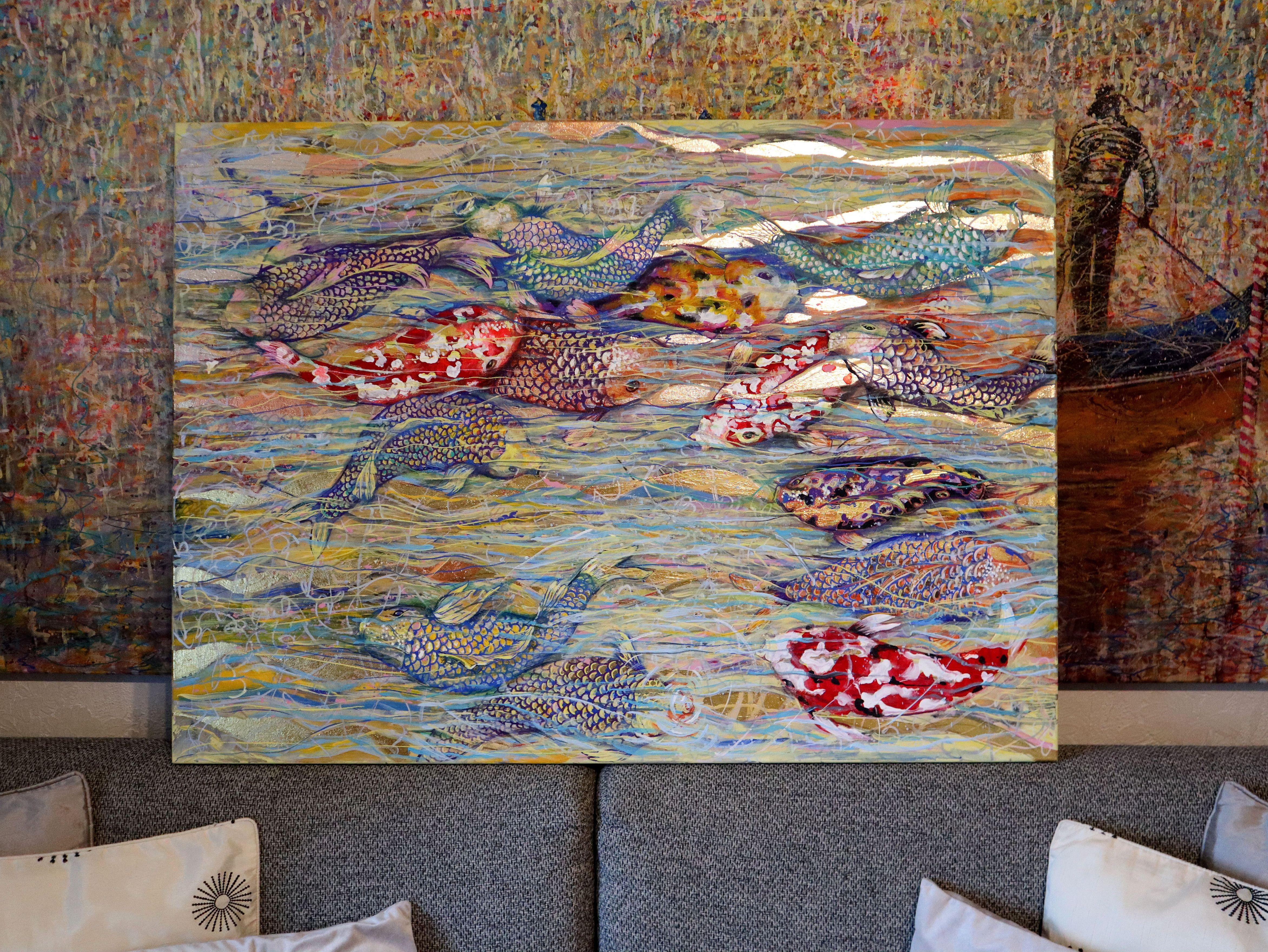 Koi Fish and the Swift Current of the Golden River - Painting by RAKHMET REDZHEPOV (RAMZI)