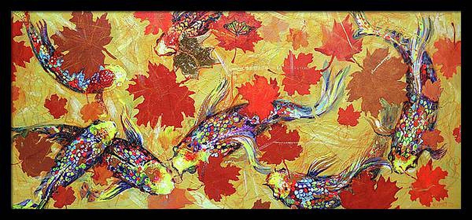 In this vibrant piece, I've merged the fluid grace of koi with an explosion of autumn's palette, creating a dance of color and motion. Using acrylics and oils with touches of pastel and pencil, I've bent reality, weaving expressionism with pop art's