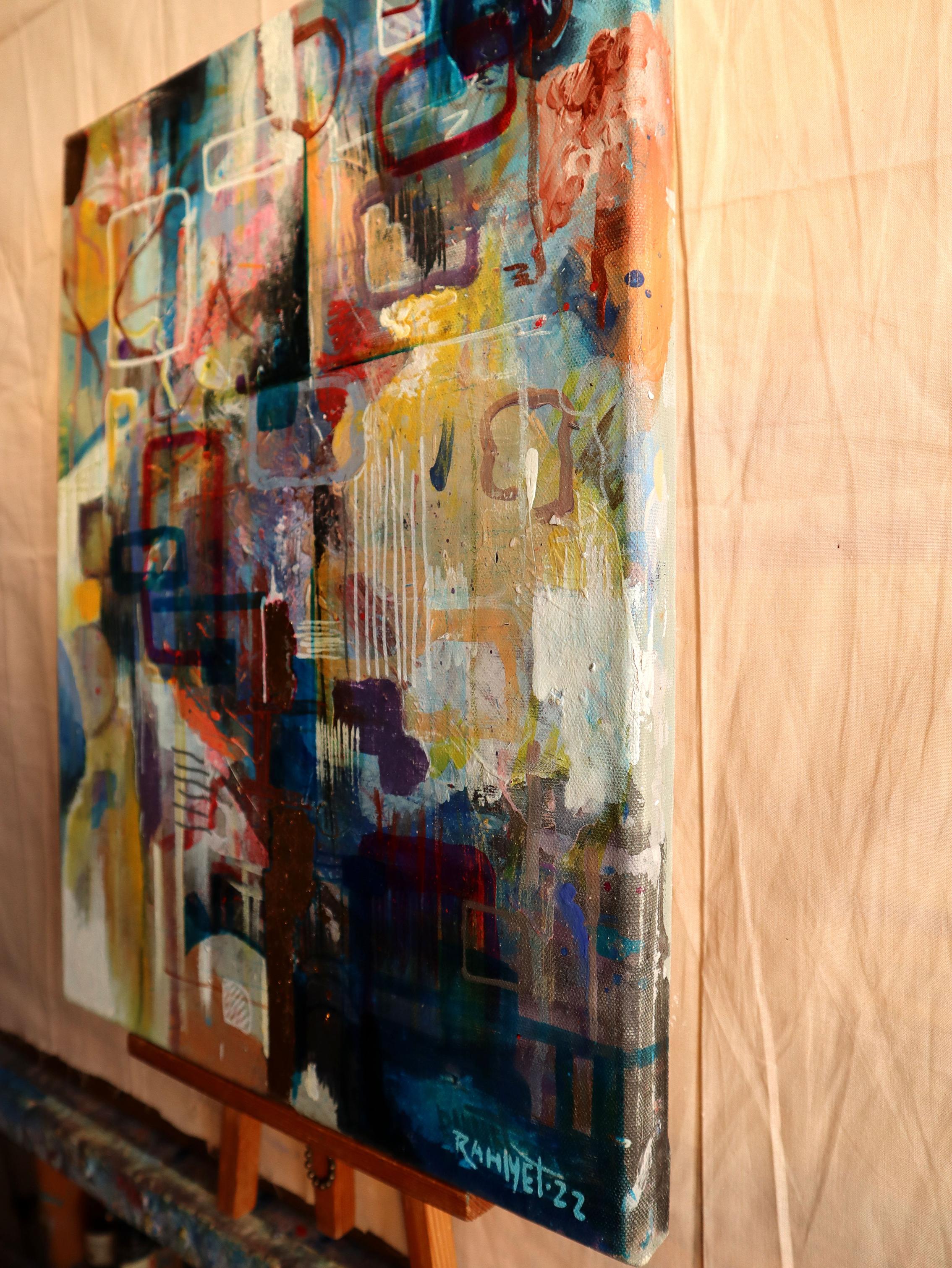 In dieser Kakophonie von Farben und Texturen habe ich meine Seele in jeden Pinselstrich gelegt. Acryl, Öl und Buntstifte tanzen in einer lebendigen Symphonie zusammen und schaffen eine abstrakte Stadtlandschaft voller Emotionen. Jede Schicht enthält