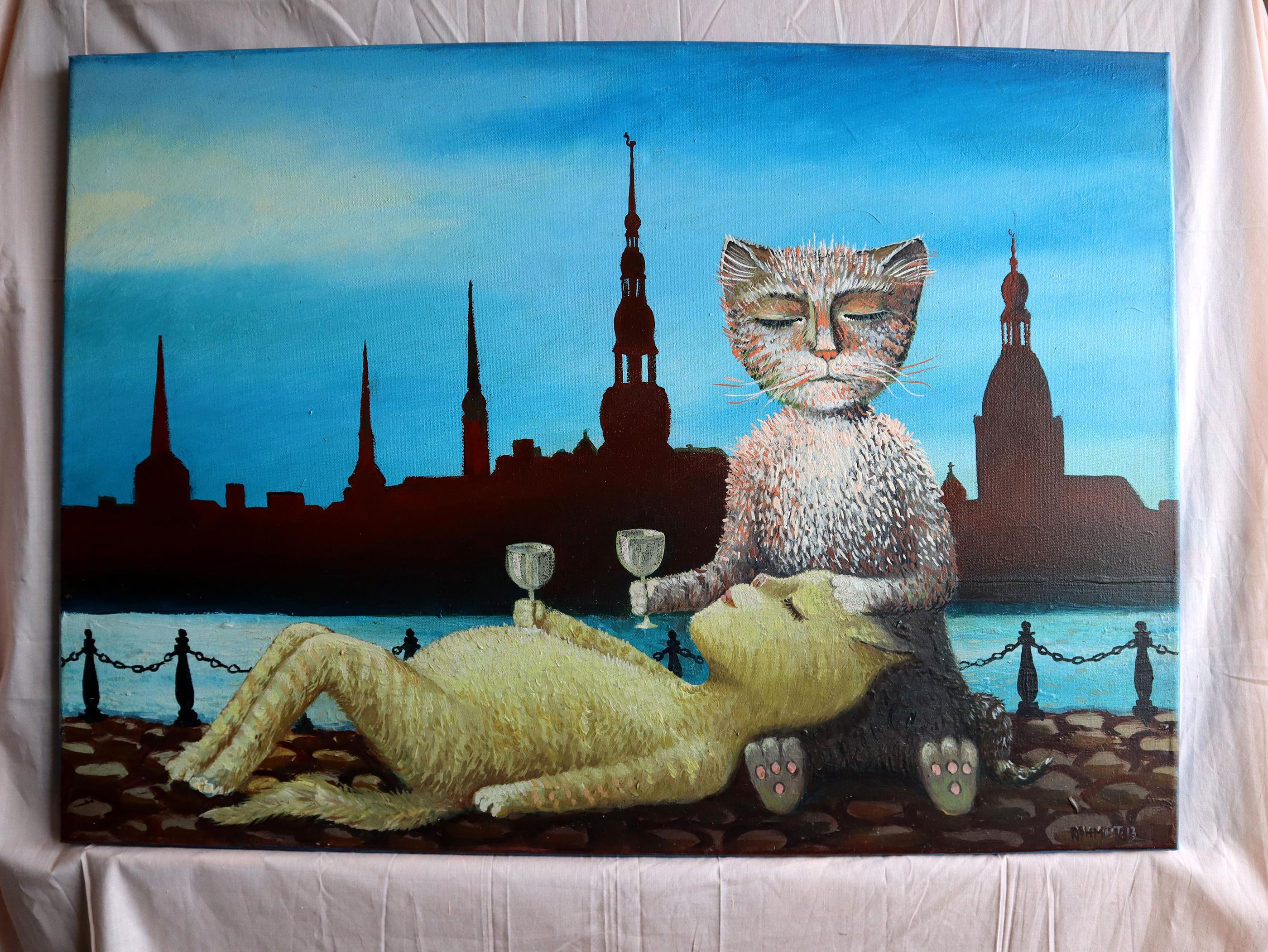 In dieser lebendigen Mischung aus Expressionismus, Impressionismus und einer Prise Pop-Art habe ich einen skurrilen Charme versprüht. Dieses mit viel Liebe in Acryl und Öl gemalte Bild zelebriert Gelassenheit und Kameradschaft. Die Szene, eine