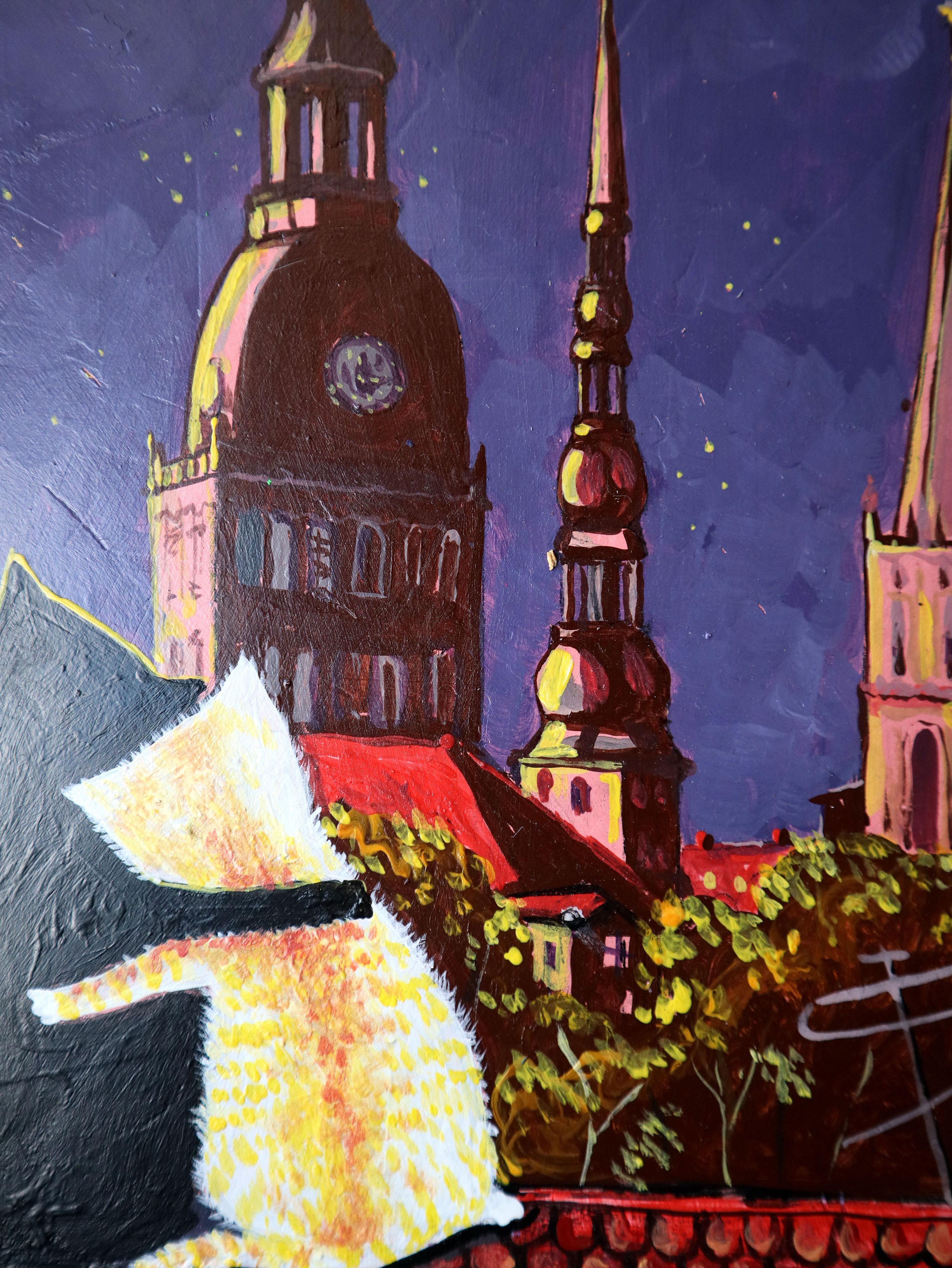 In diesem lebendigen Gemälde habe ich die Kühnheit der Pop-Art mit dem herzlichen Touch des naiven Stils verbunden. Die Verwendung von Acryl- und Ölfarben verleiht den Bildern Tiefe und Textur und ruft die rohen Emotionen und unerzählten Geschichten