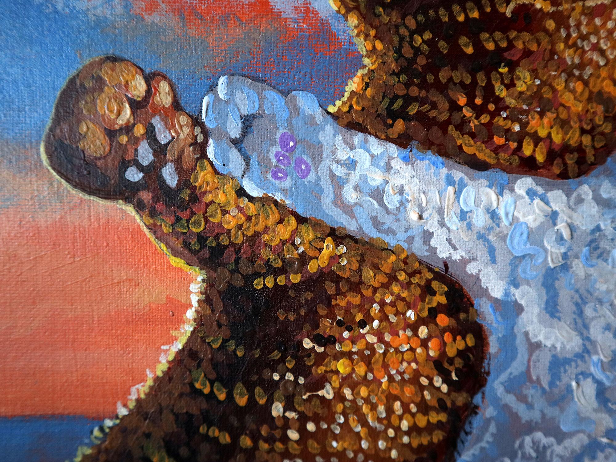 In questo dipinto vibrante, ho riversato la mia anima nel rappresentare il momento struggente dell'amore felino, abbracciando l'essenza del calore e dell'affetto. Unendo acrilico e olio, ho attinto dalla vivacità della pop art, dall'emozione cruda