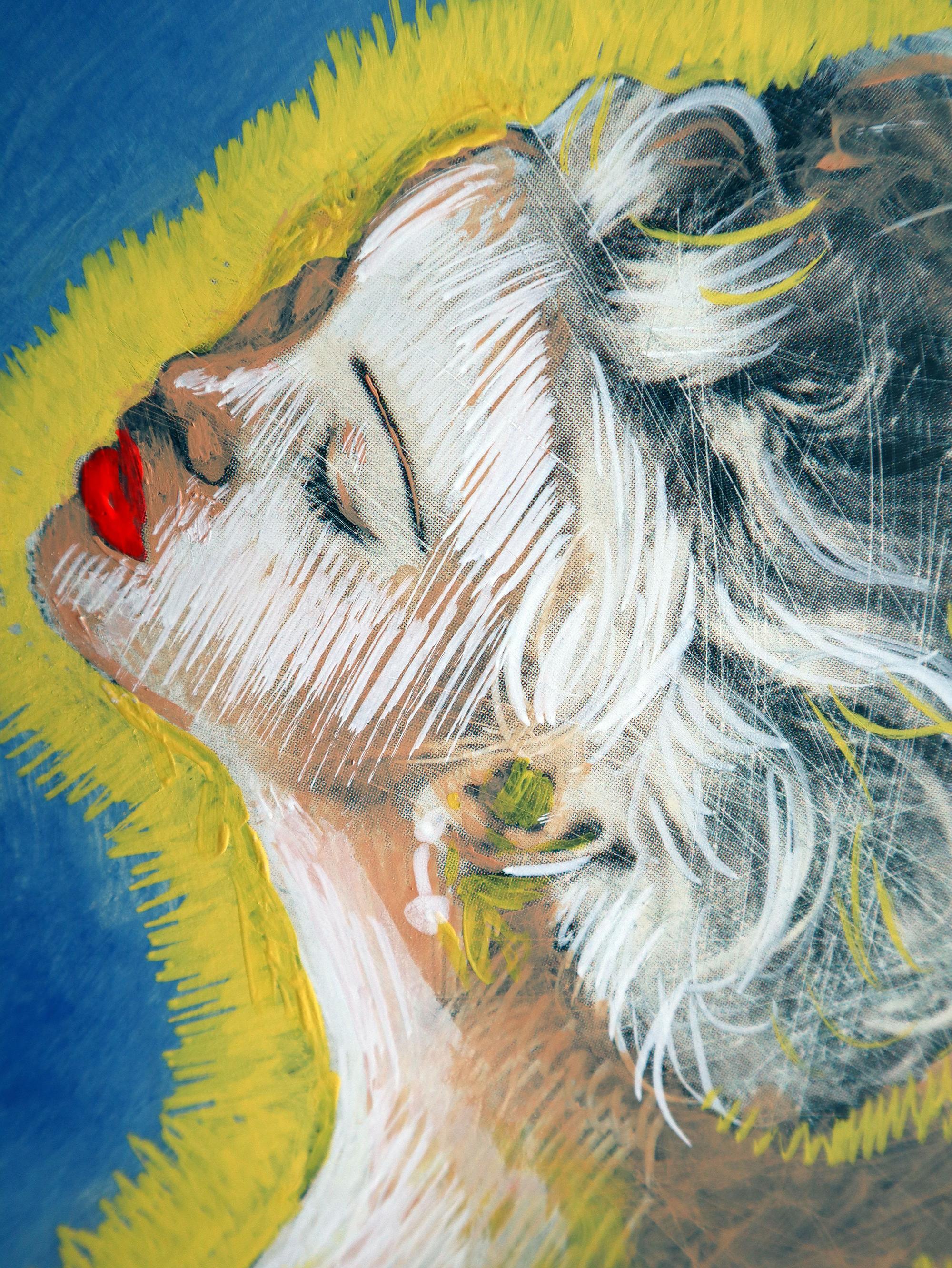 In dieser temperamentvollen Verschmelzung von Acryl und Öl habe ich einen ikonischen Moment mit einer frischen Wendung eingefangen, in dem lebendige Pop-Art auf die Tiefe von Abstraktion und Expressionismus trifft. Dieses Werk strahlt die Kühnheit