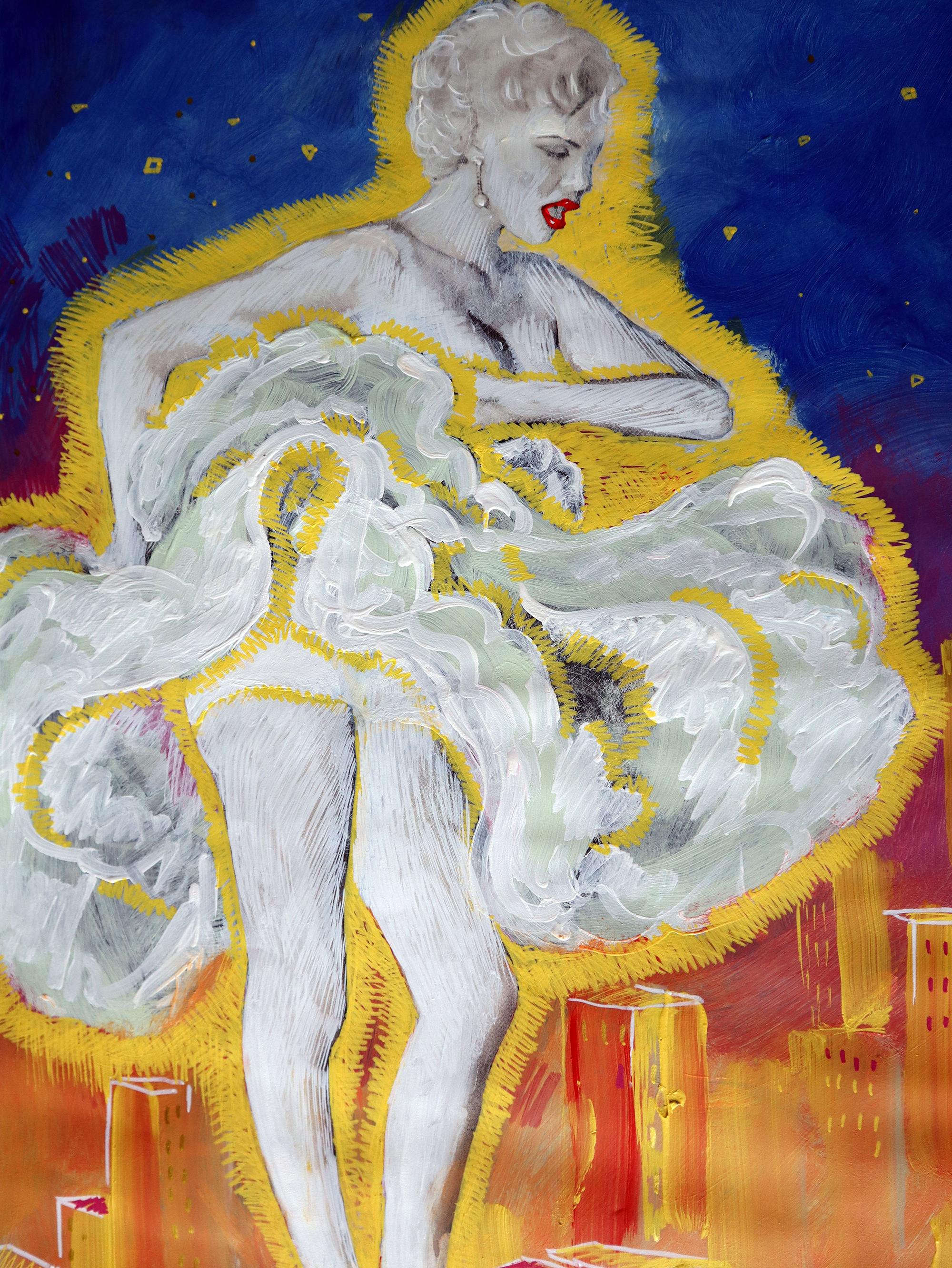 MERILIN MONROE OVER TOWNES - Figurative Painting Marrone di RAKHMET REDZHEPOV (RAMZI)