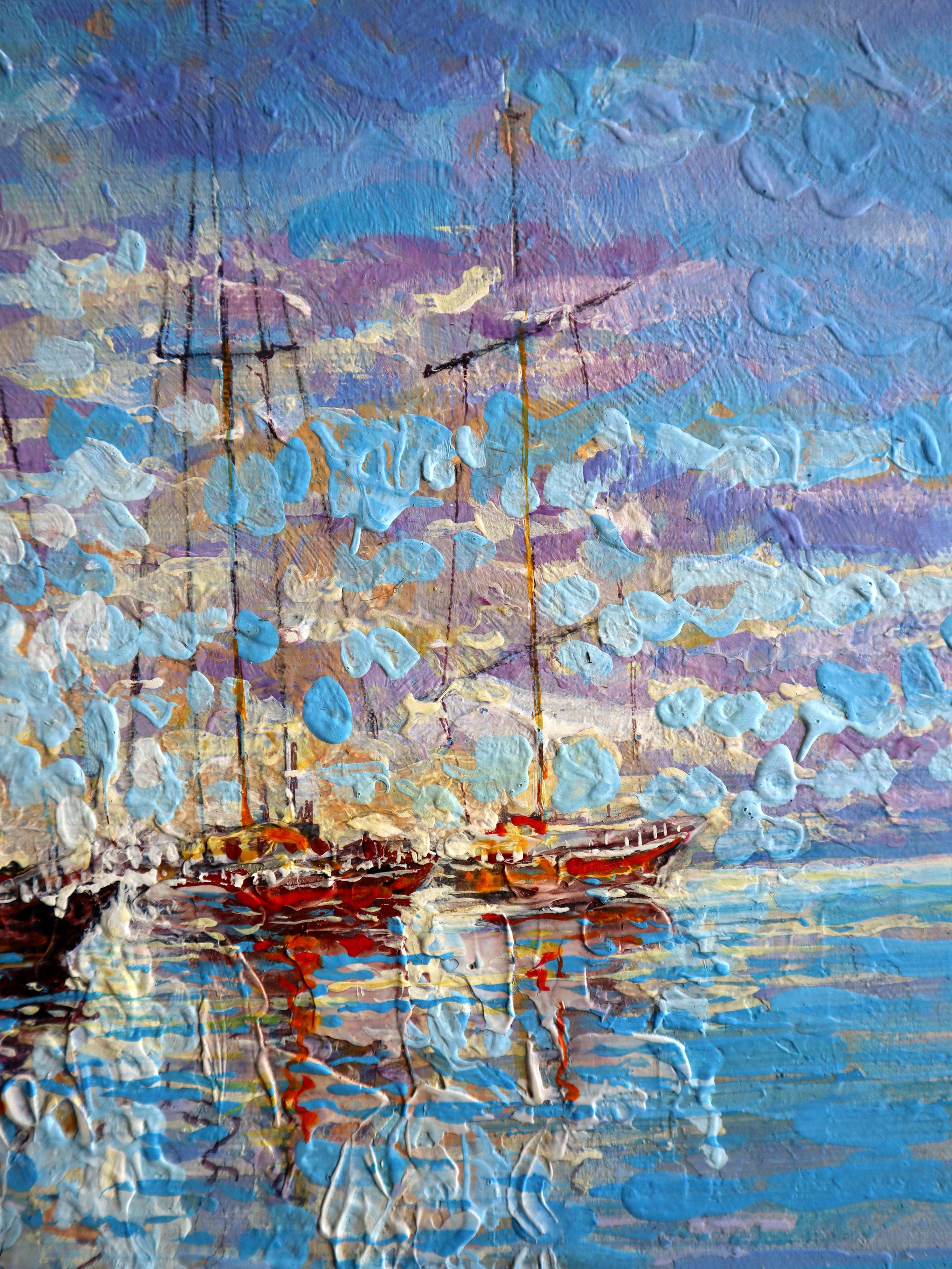In diesem Stück habe ich mit viel Herzblut den heiteren Dialog zwischen Himmel und Meer eingefangen. Die Verschmelzung der Medien Acryl und Öl ermöglichte es mir, Emotionen zu strukturieren, wo Expressionismus auf Impressionismus trifft. Ich habe