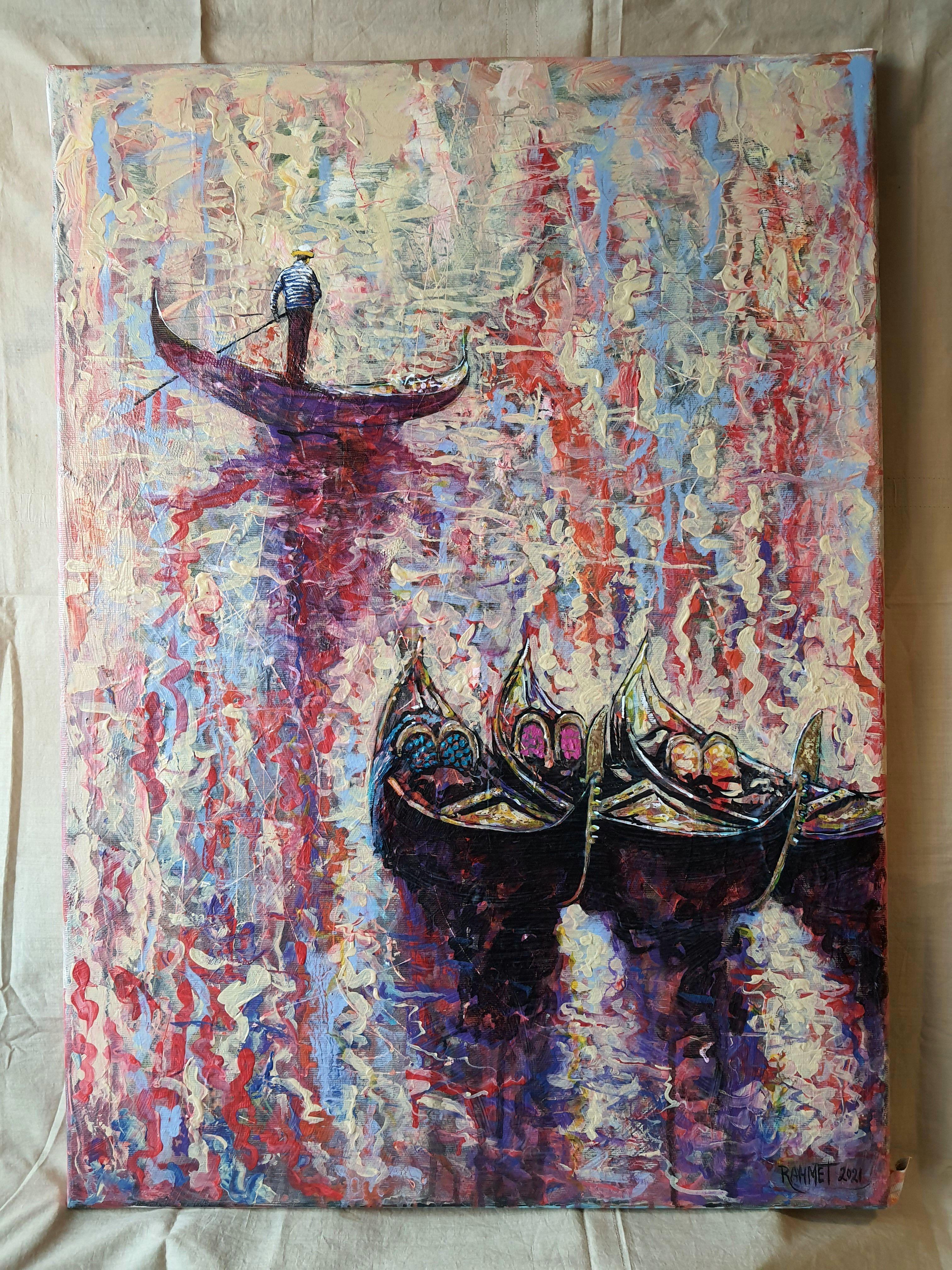 Morgens in Venedig und der Gondel (Impressionismus), Painting, von RAKHMET REDZHEPOV (RAMZI)