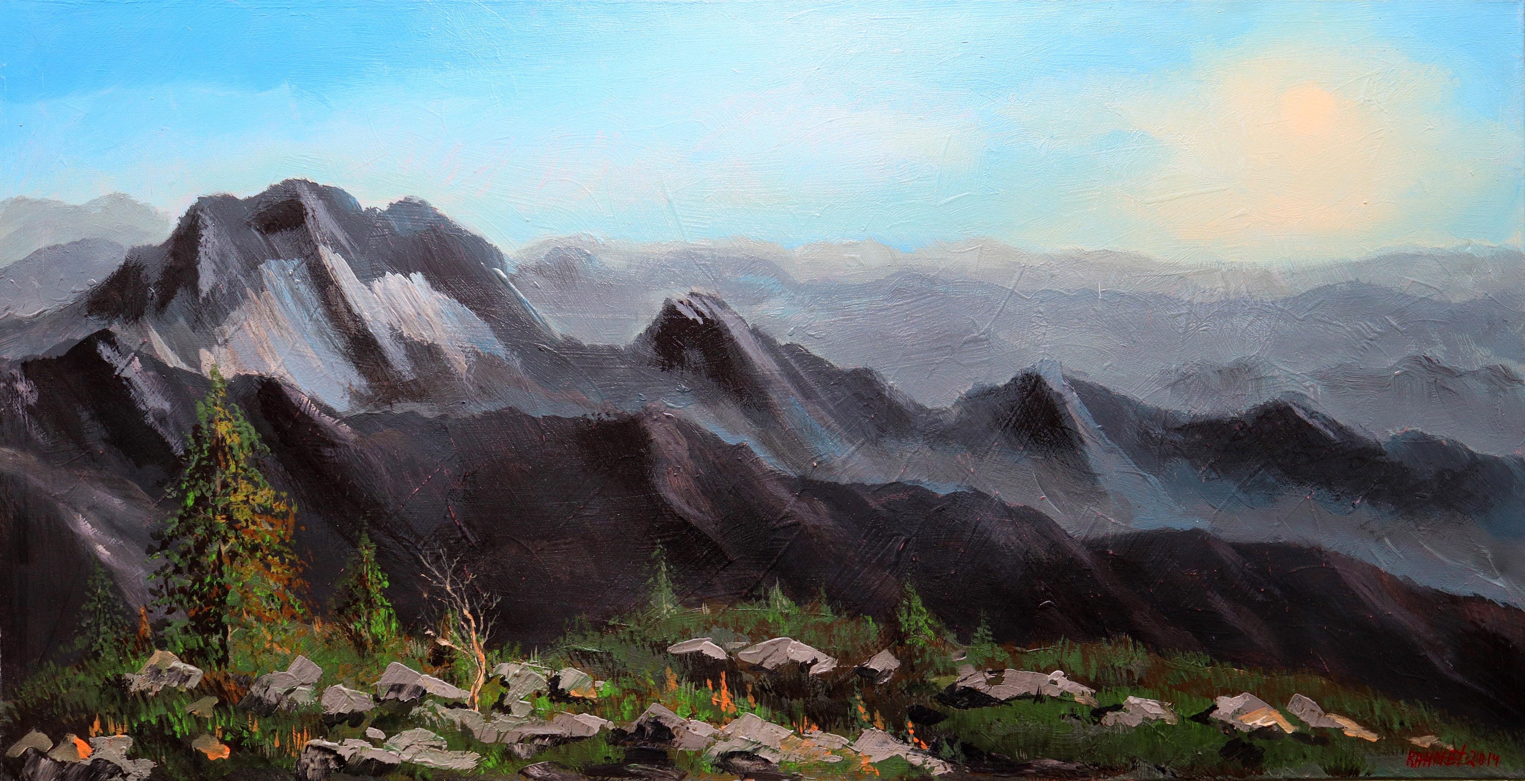 RAKHMET REDZHEPOV (RAMZI) Interior Painting – Mountain Echo: (SPACES-Serie) Leinwand, Öl, Acryl, 60 × 120 cm
