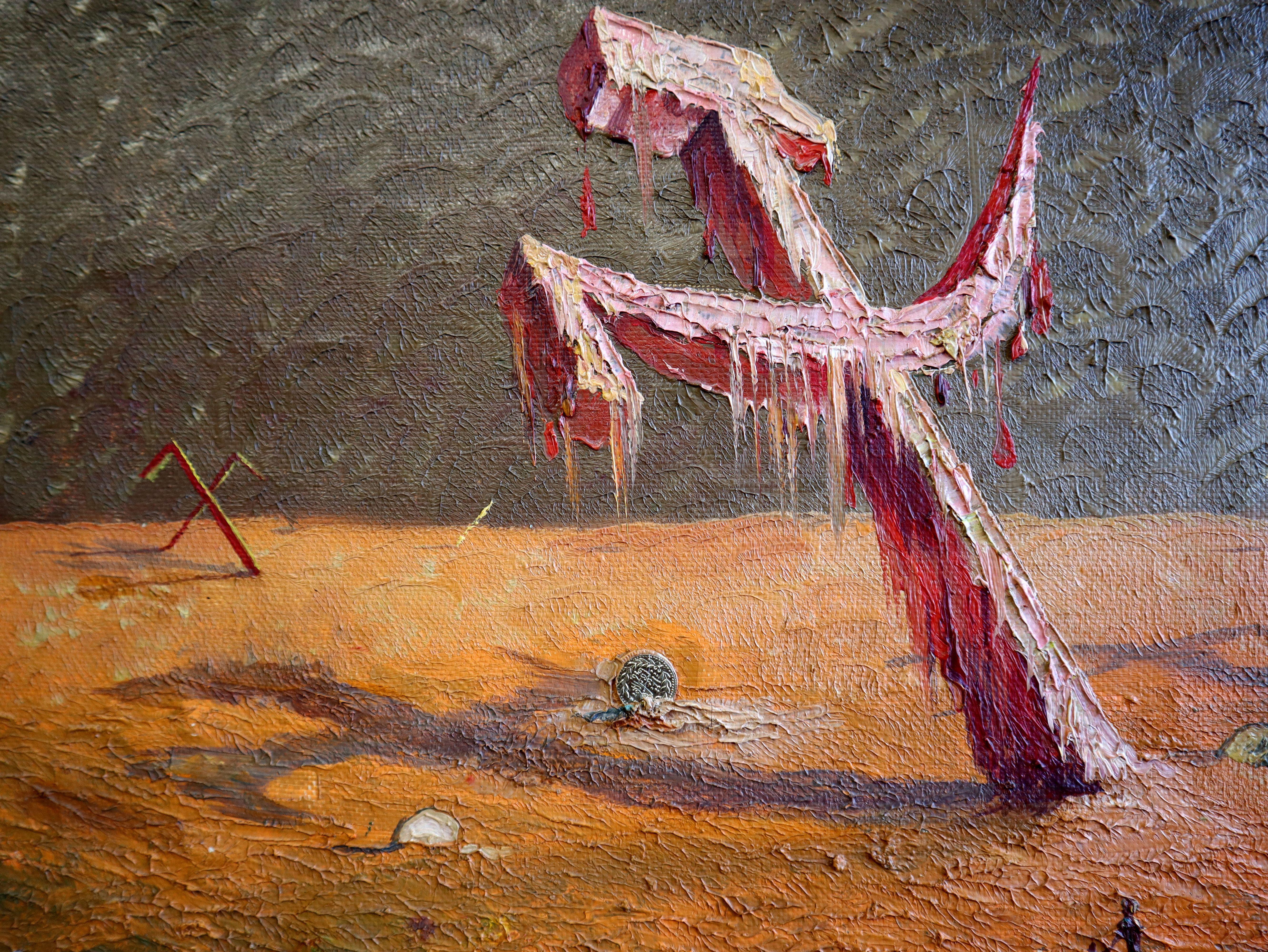 Mit strukturierten Ölstrichen tanzt meine Leinwand mit der rohen Intensität des Expressionismus, vermischt mit der traumhaften Qualität des Surrealismus. Jedes Symbol haucht hier einer Erzählung jenseits des Sichtbaren Leben ein; es ist eine