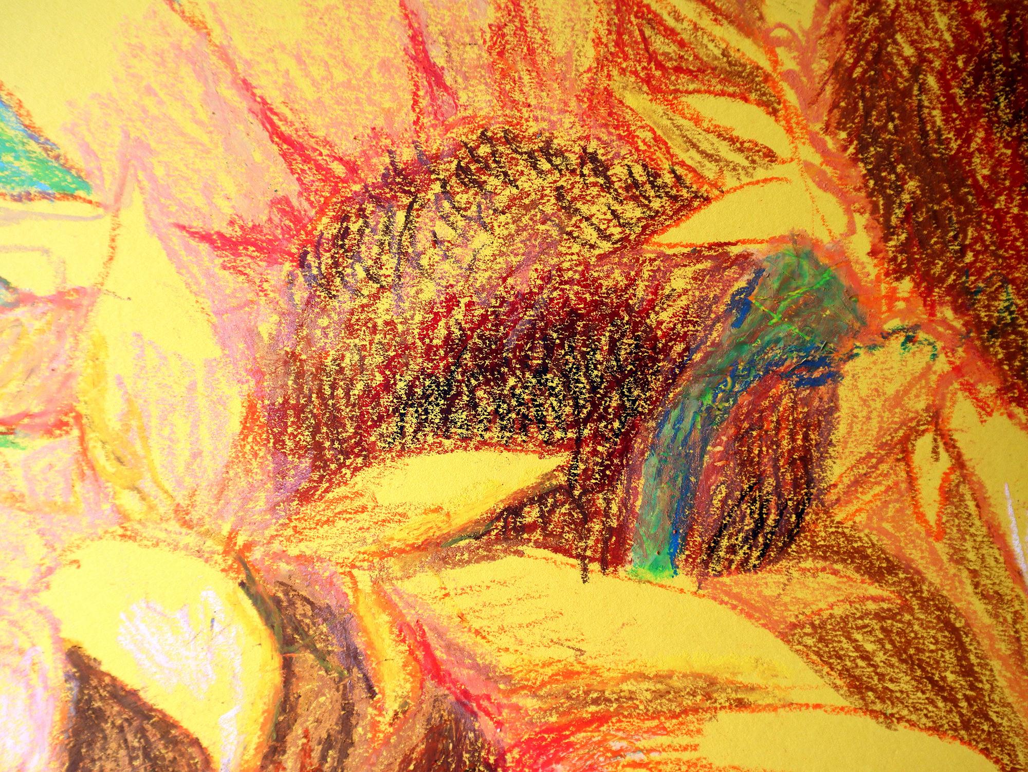In questo pezzo vibrante, ho fuso l'energia della pop art con i tratti emotivi dell'espressionismo e il tocco sognante dell'impressionismo. Con pastelli a olio e matite colorate, ho creato una danza di fiori illuminati dal sole che esplodono con la