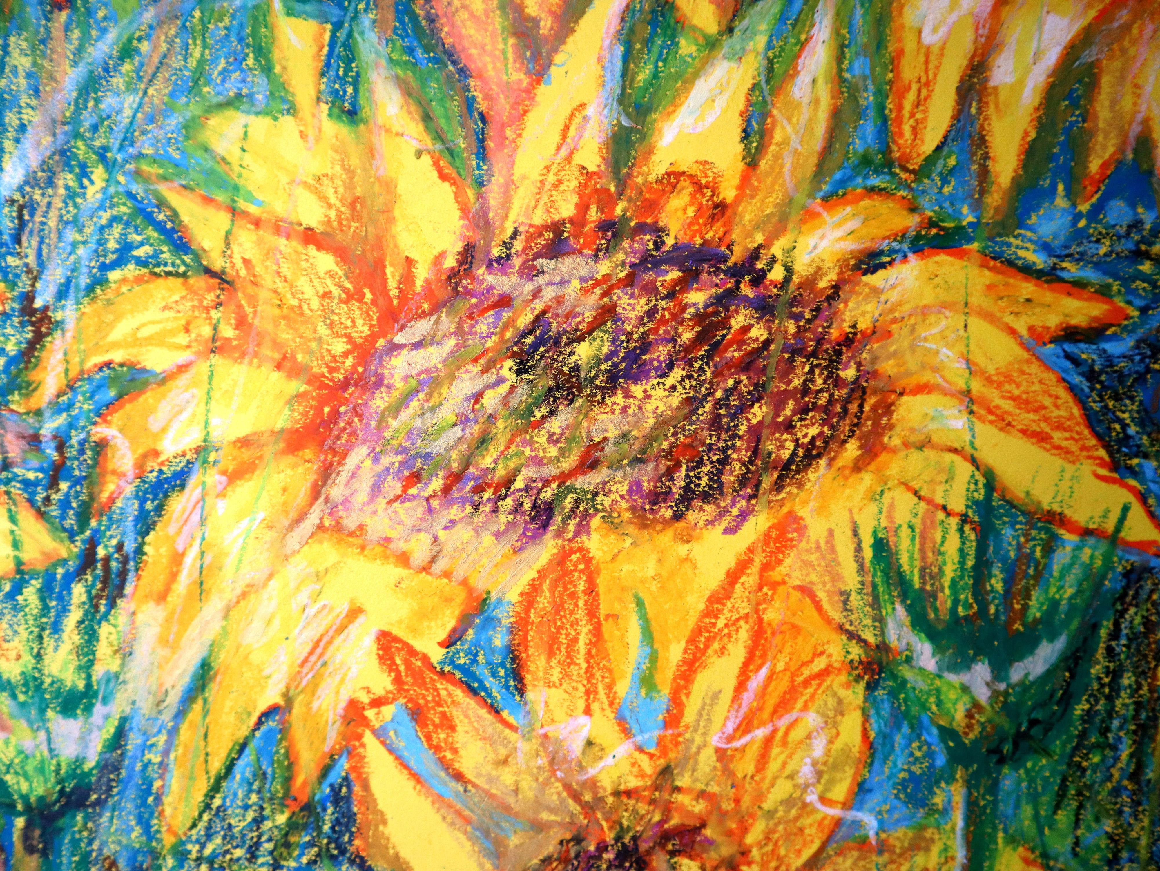 Al crear esta vibrante pieza, impregné cada trazo con la calidez y la energía del sol. Las ricas texturas formadas por el pastel al óleo y el lápiz de color desdibujan los límites entre la audacia del arte pop, la profundidad emocional del