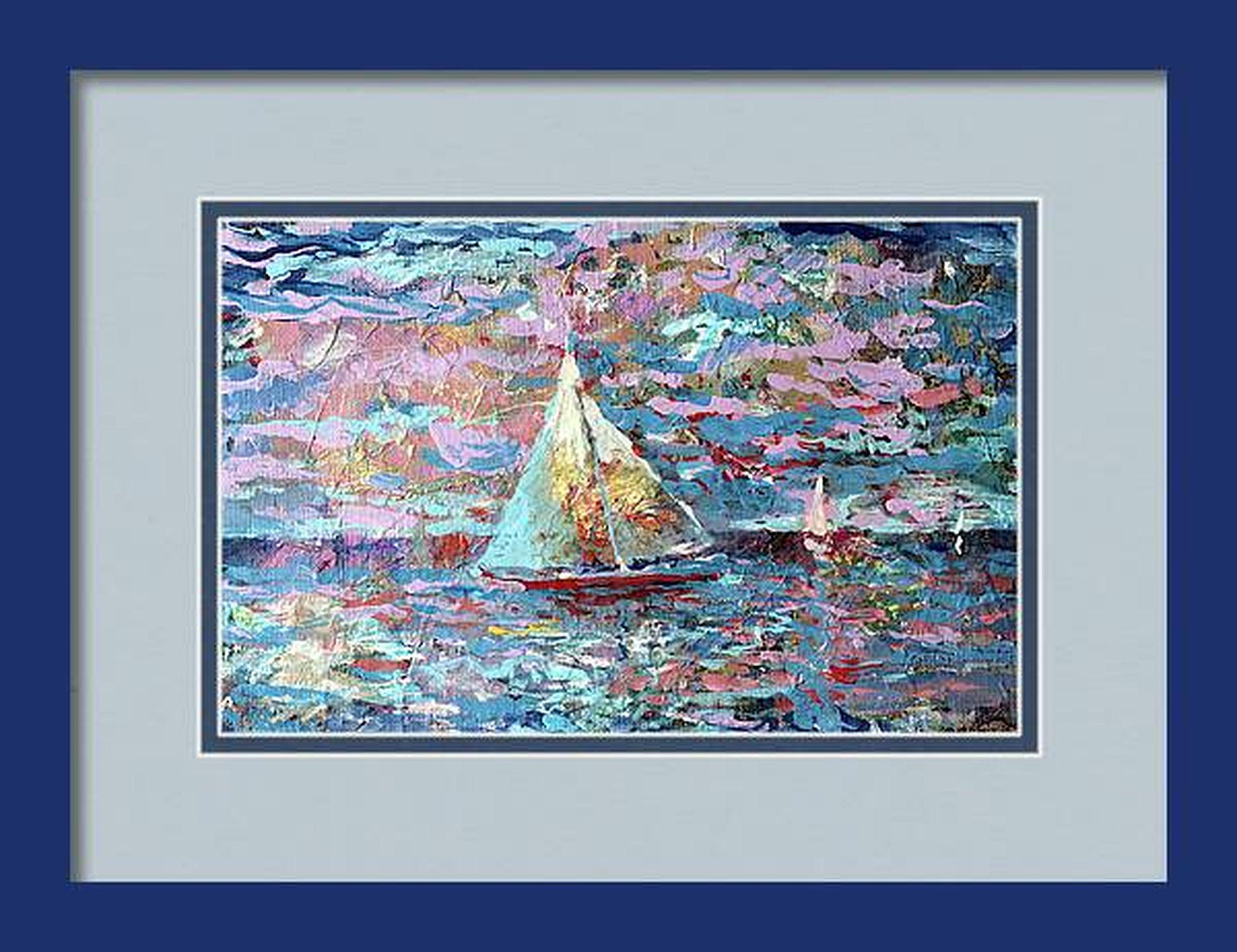 Sold and sent unframed -VIRTUAL FRAME.

This artwork captures a dynamic seascape, dominated by a sailboat traversing vibrant, textured waters. The artist employs a rich palette of blues, pinks, and purples, evoking a dreamlike atmosphere. The