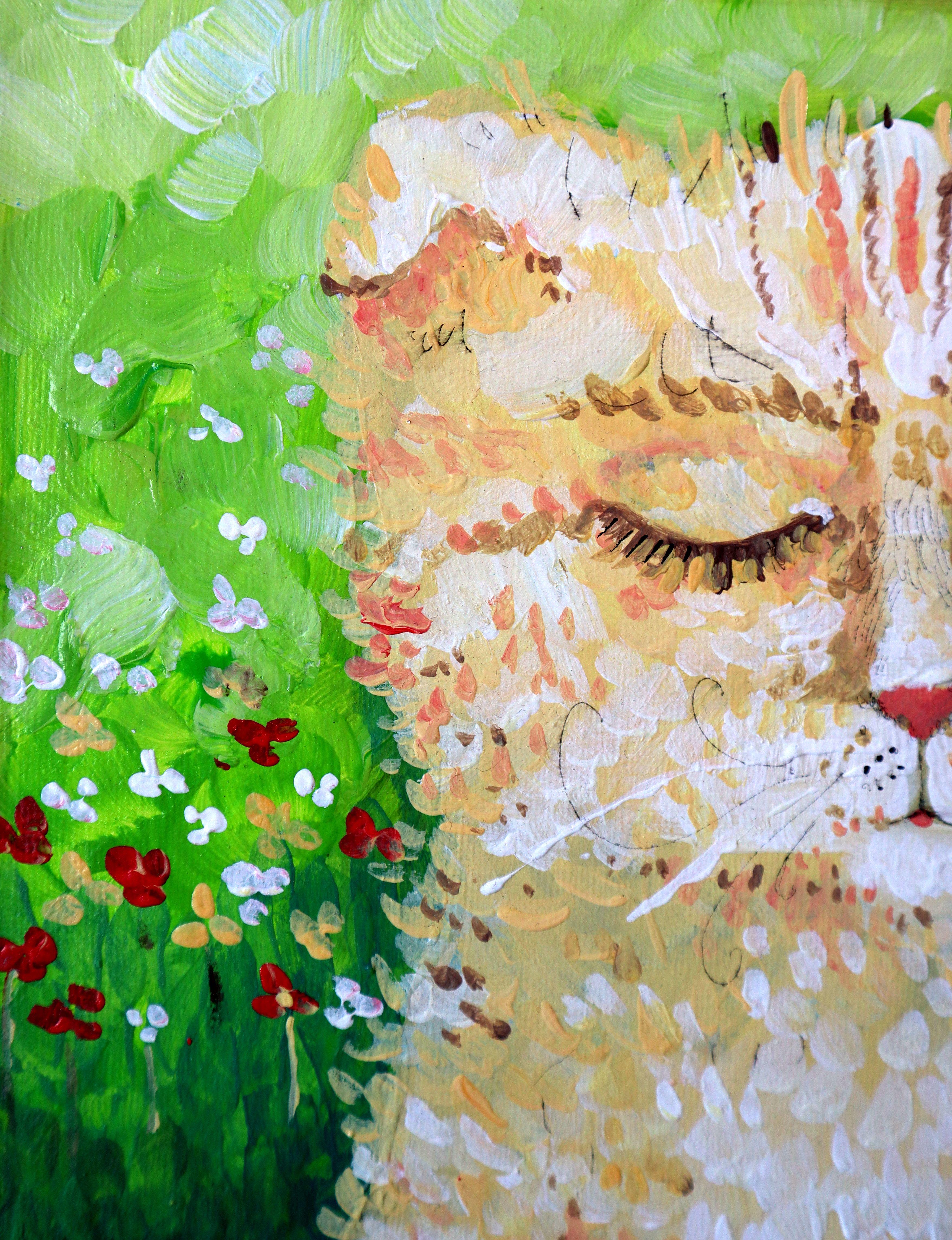 Dans ce tableau, j'ai insufflé à chaque coup de pinceau la jubilation sereine d'un chat allègrement immergé dans la Nature. En utilisant l'acrylique et l'huile, j'ai fusionné la fluidité de l'impressionnisme avec le zeste coloré du pop art et du