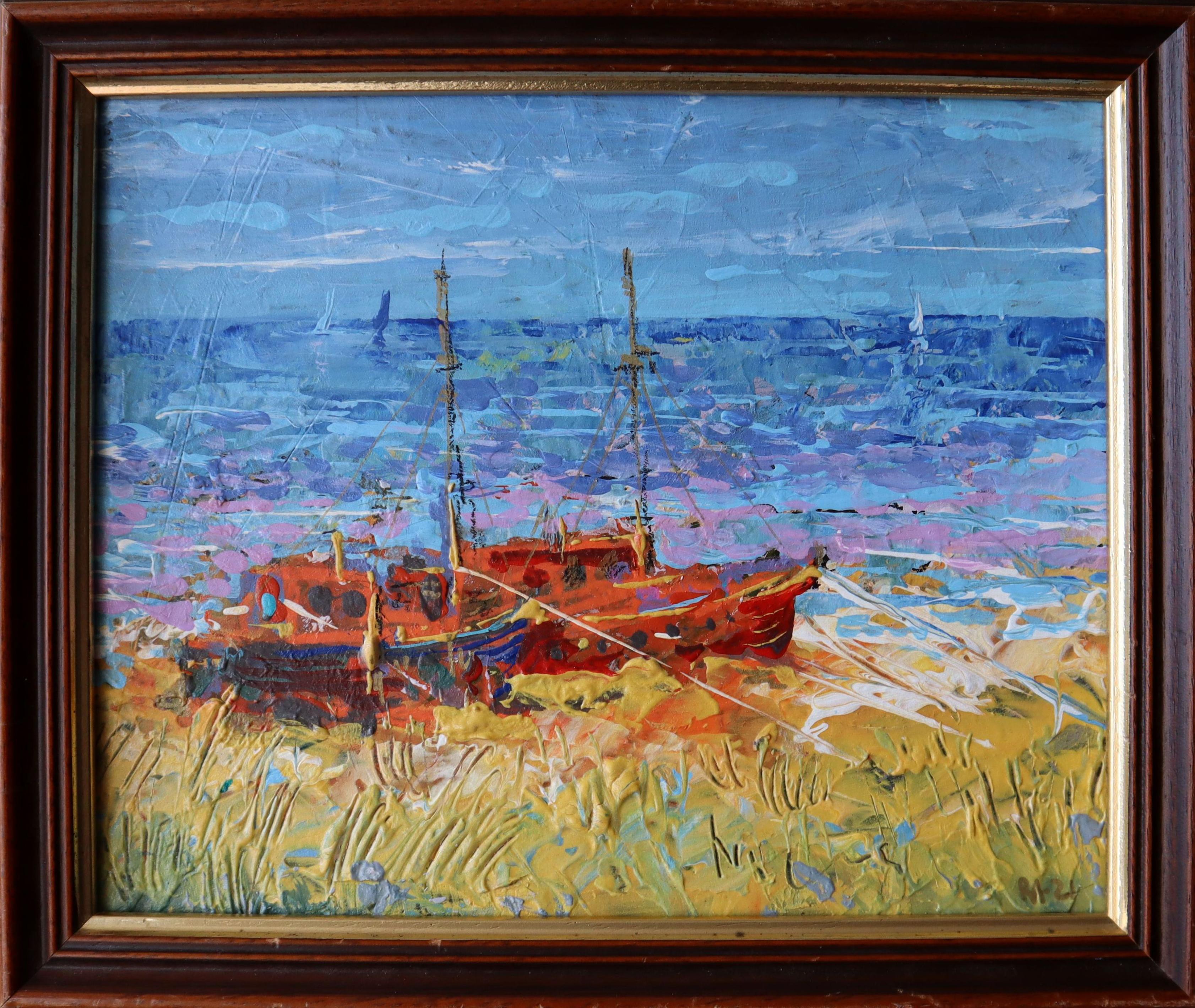RAKHMET REDZHEPOV (RAMZI) Landscape Painting - Old Boats: Seascape , Impressionistic , 20x25 cm, in a frame