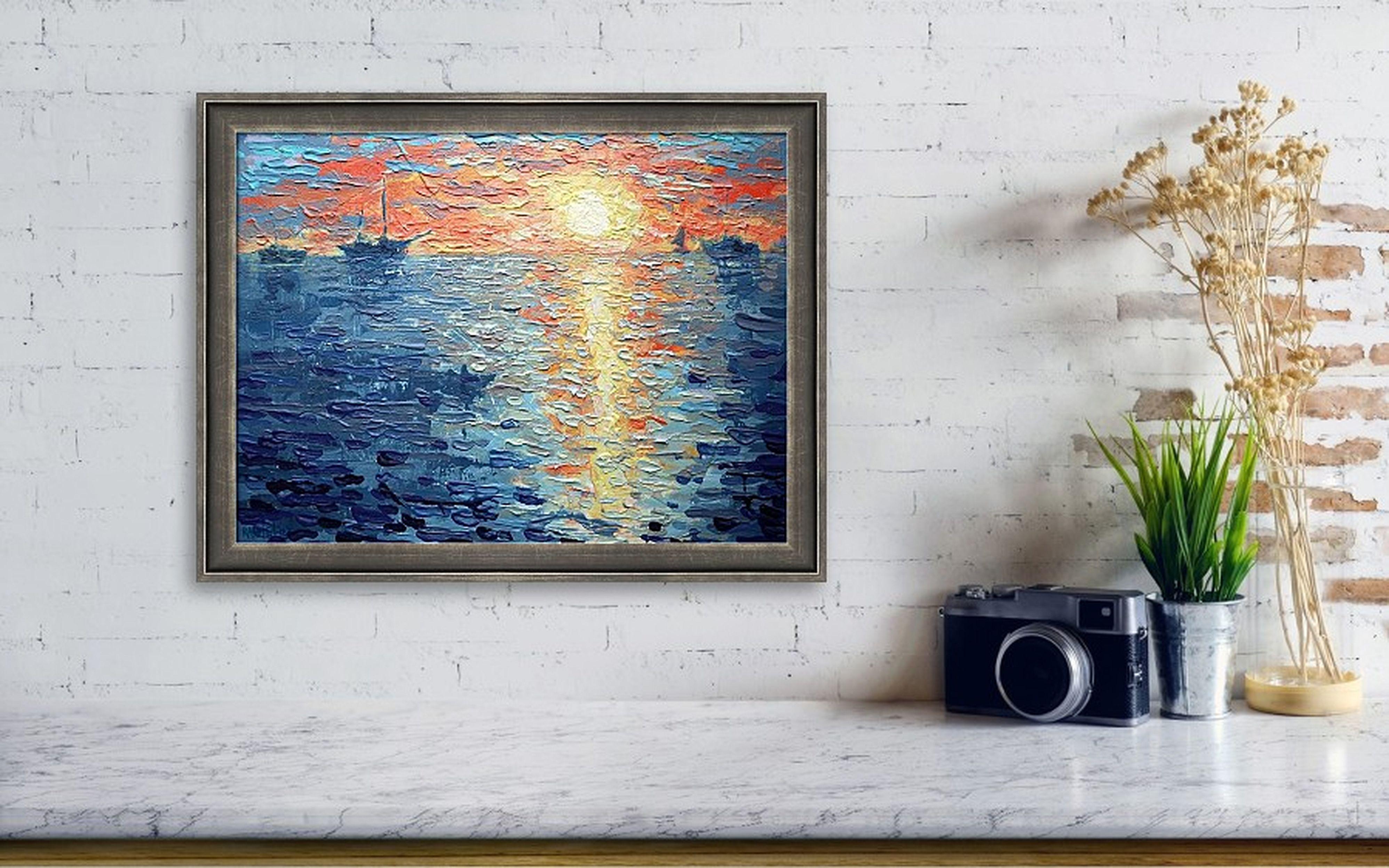 As the artist, I poured my soul into this canvas, using acrylic and oil to manifest my vision. The fiery hues of the sky, dance with the coolness of the waves, expressing an audacious harmony. Through expressionism and impressionism, I explored the