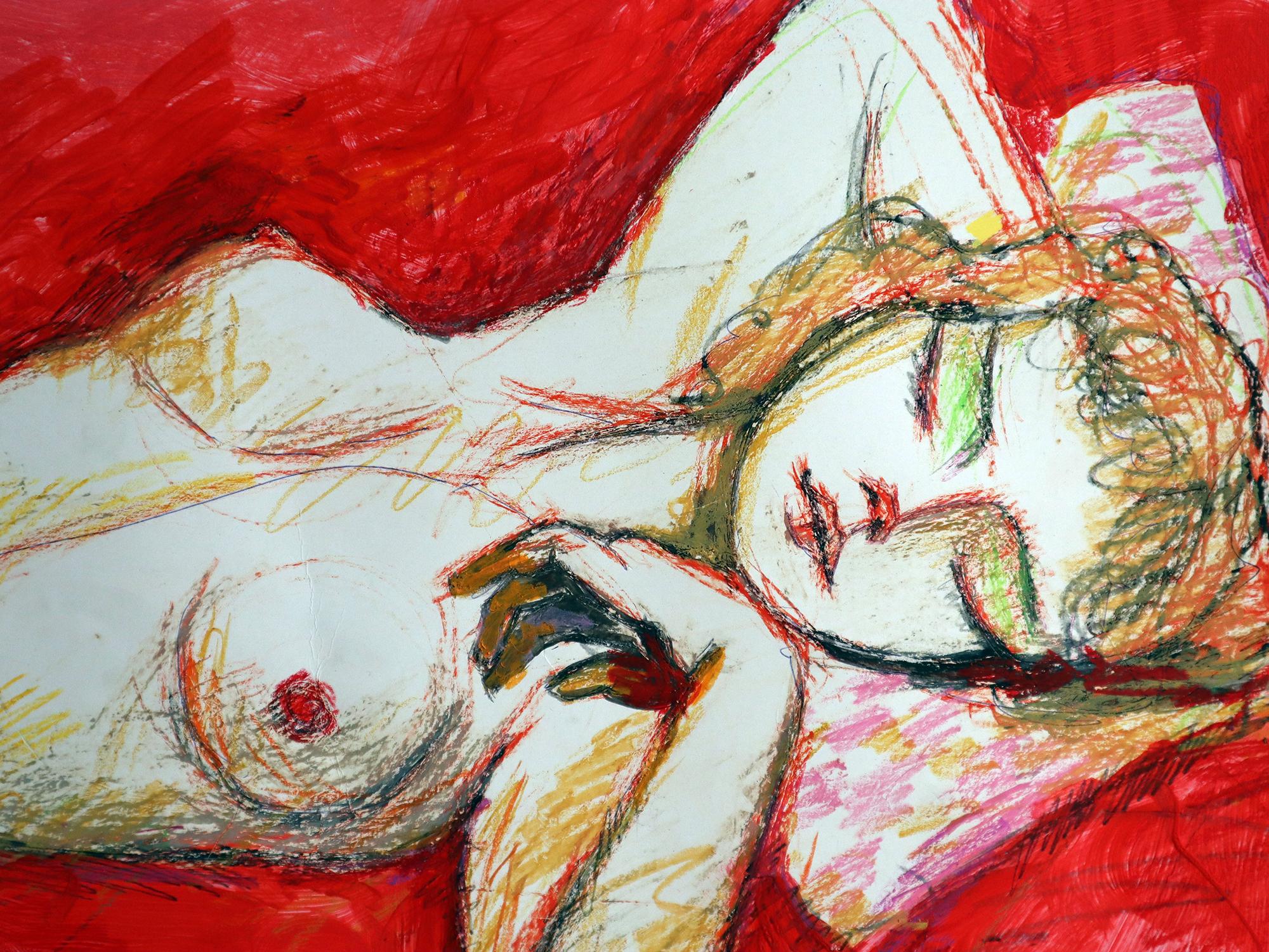 Geliefert in ROLL
In diesem ausdrucksstarken Werk überfluten leuchtende Rottöne die Leinwand und symbolisieren die rohen, ungefilterten Emotionen der menschlichen Existenz. Ich habe eine Mischung aus Acryl, Aquarell und Tusche verwendet, die sowohl