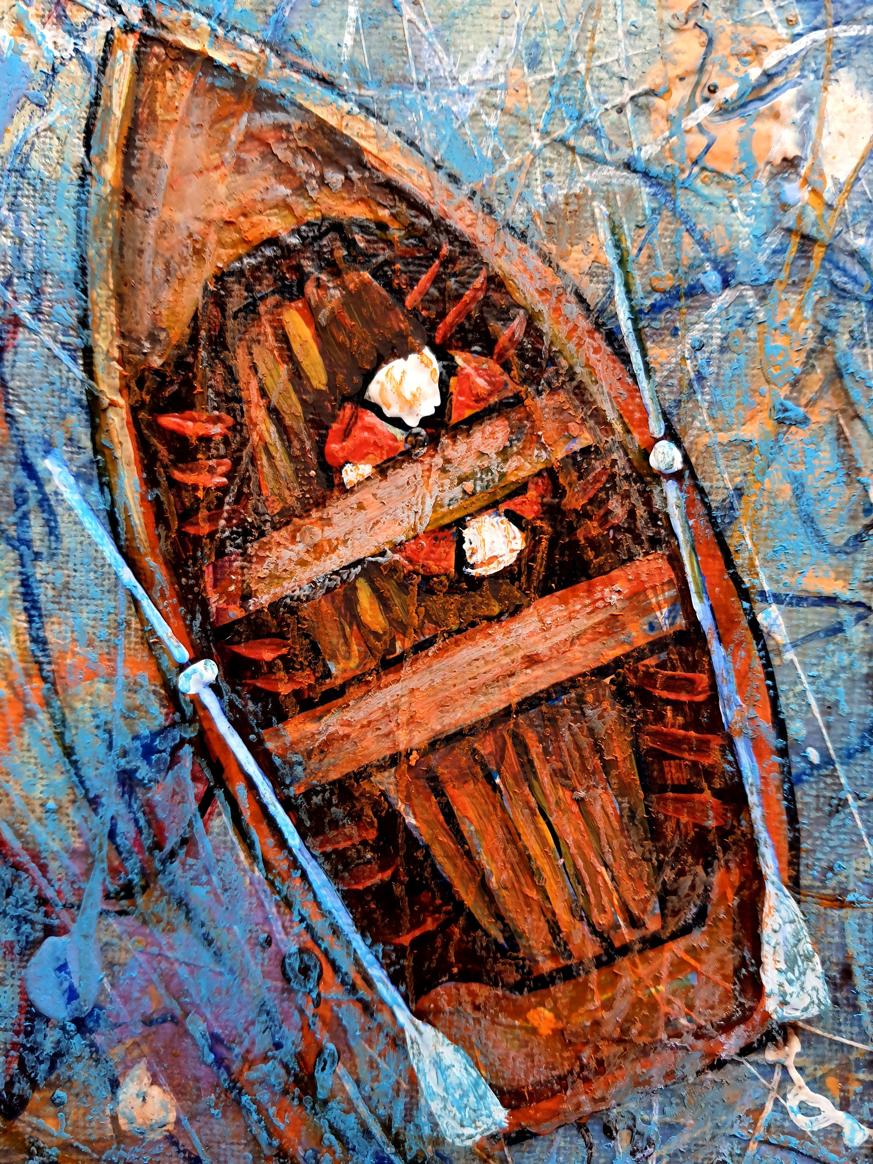 In this painting, I've poured my soul into capturing the raw emotion and movement of the water, cradling the vibrant boats that seem to dance upon its surface. The materials - acrylic, oil, and oil pastel - blend in a symphony of texture and depth.