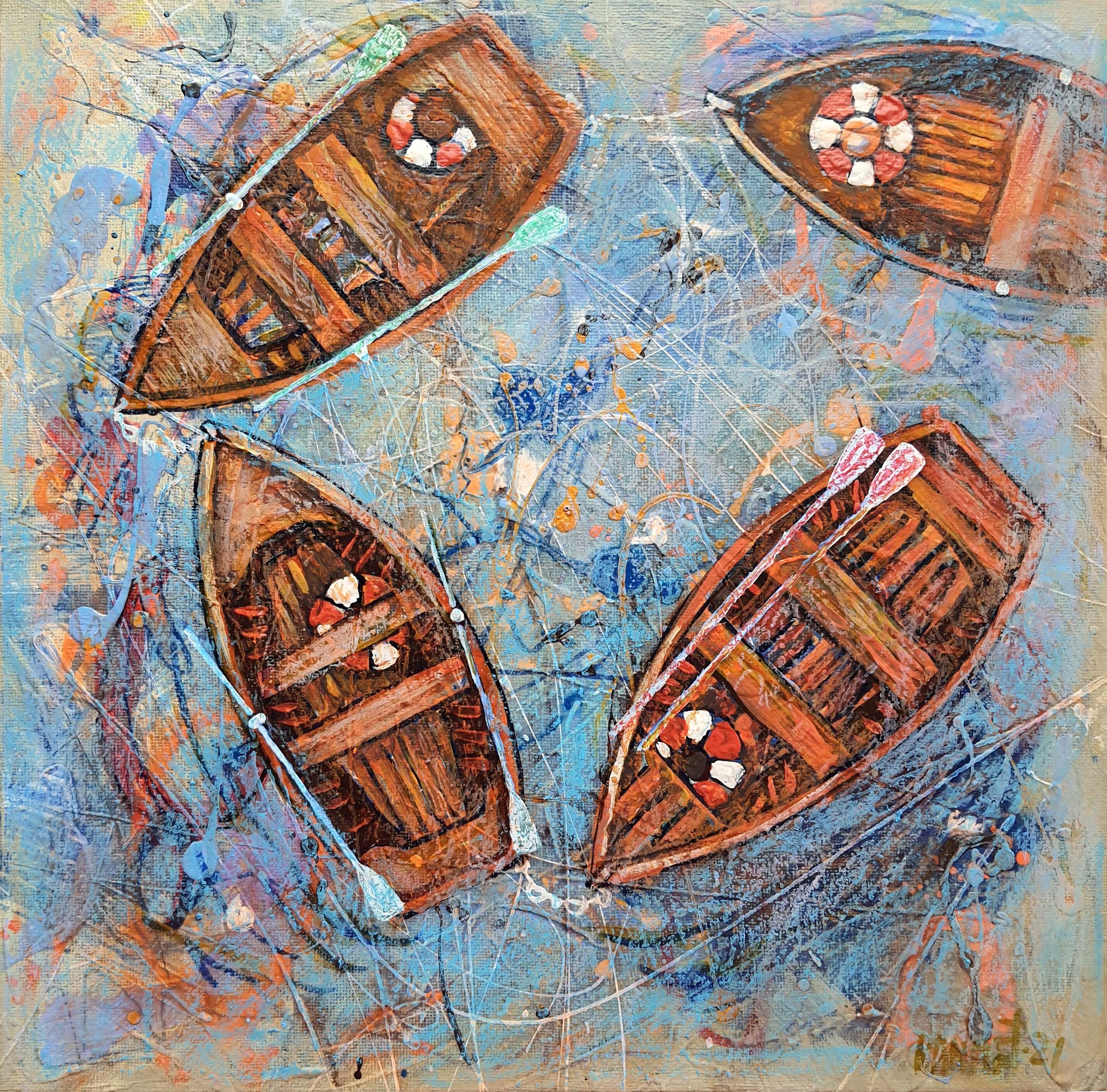 RAKHMET REDZHEPOV (RAMZI) Landscape Painting - Orange Boats