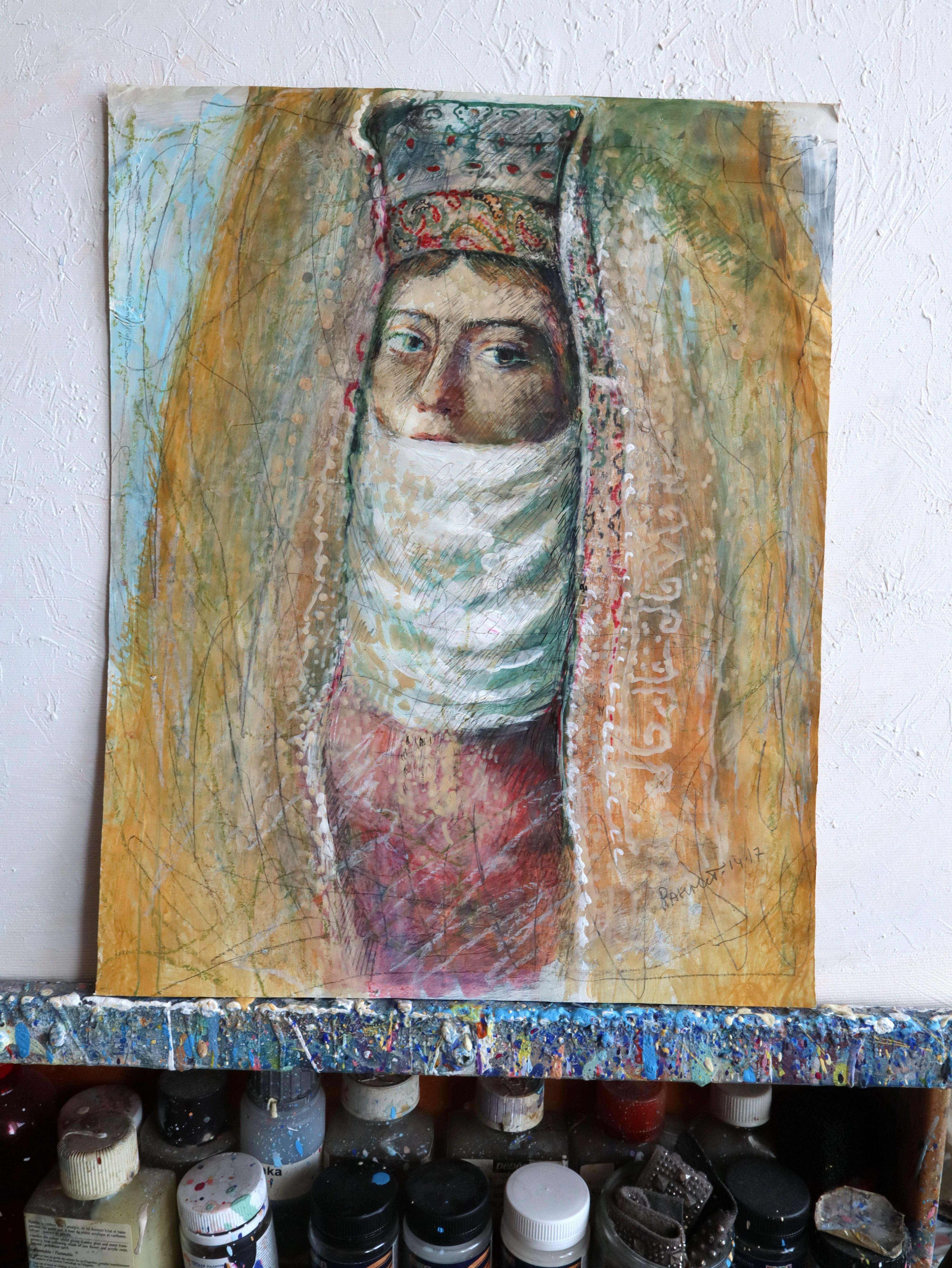 Dans cette œuvre, j'ai exploré la profondeur de la tradition et du mystère par des coups de pinceau expressifs et des textures superposées. Le mélange d'acrylique, d'aquarelle, de pastel à l'huile et d'encre apporte une riche vibration et une