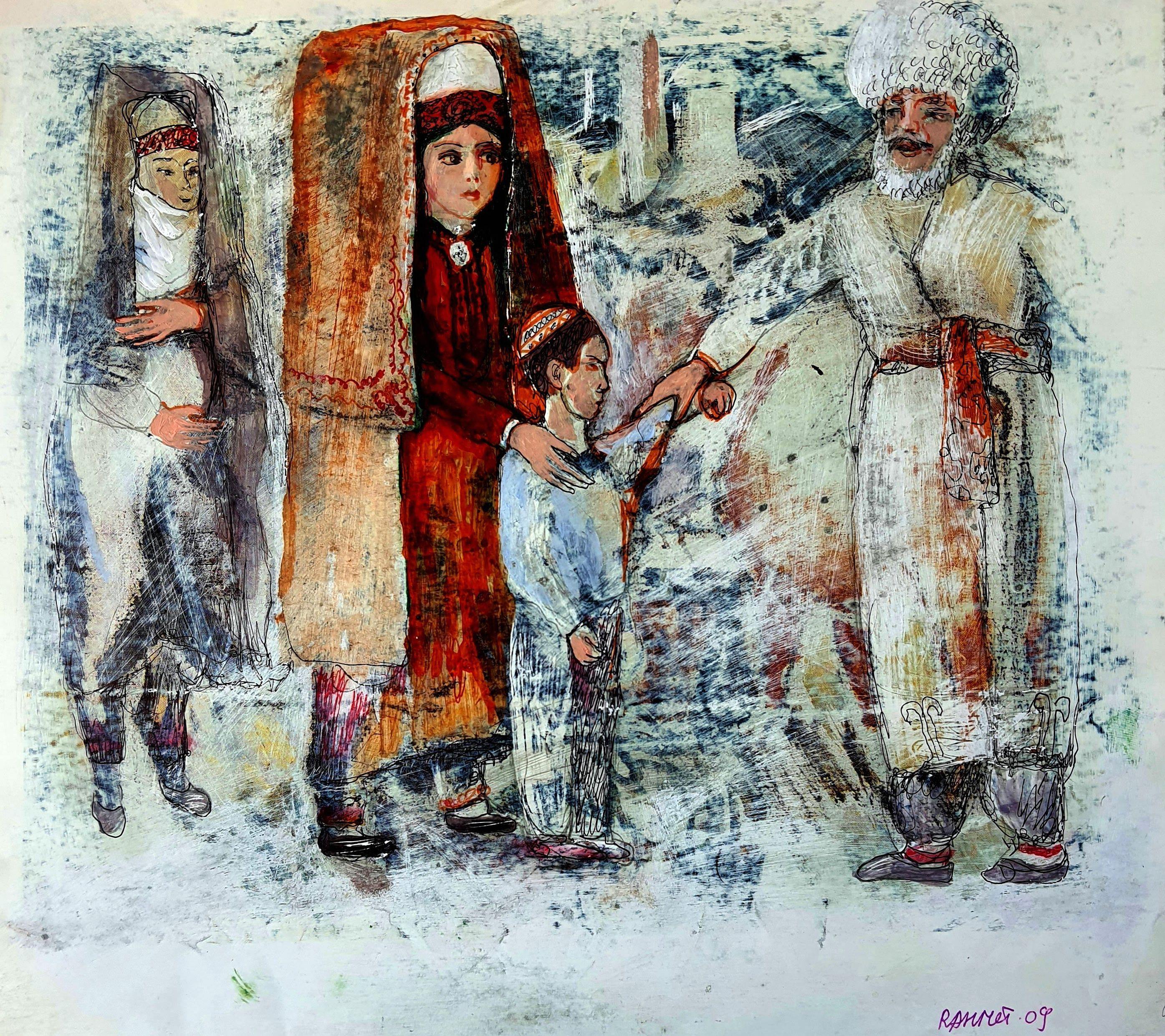 Dans cette œuvre, j'ai mis toute mon âme à capturer un moment culturel intemporel, empreint de liens et de traditions. À l'aide d'acryliques vibrantes et d'aquarelles délicates, j'ai tissé des couches d'émotion et d'histoire à travers des traits