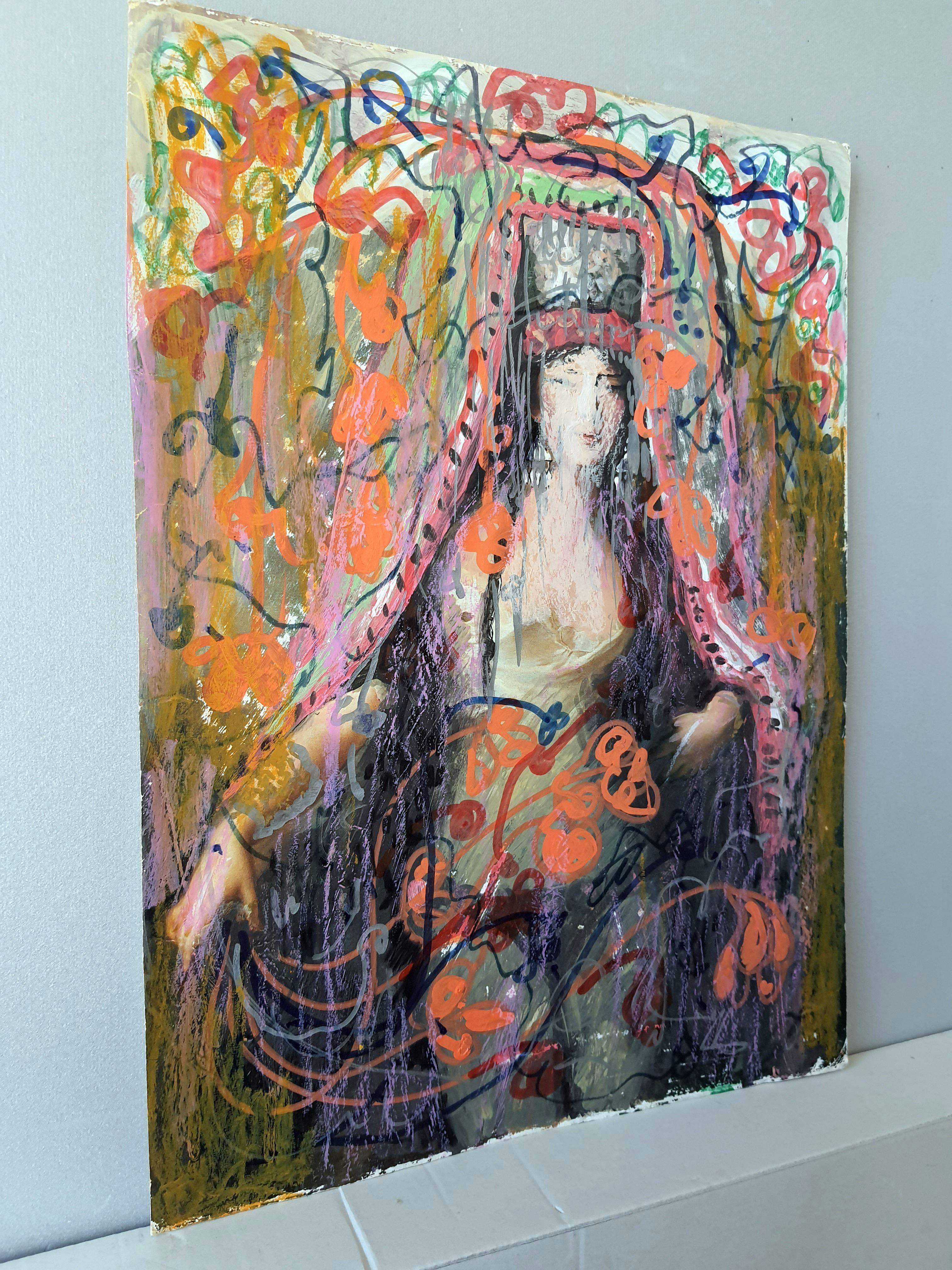 Cette œuvre d'art hypnotique présente une figure enveloppée dans une fusion vibrante de couleurs et de textures, dégageant une aura de mysticisme. Le sujet, paré d'une tenue élaborée rappelant les vêtements royaux ou cérémoniels, est placé sur un