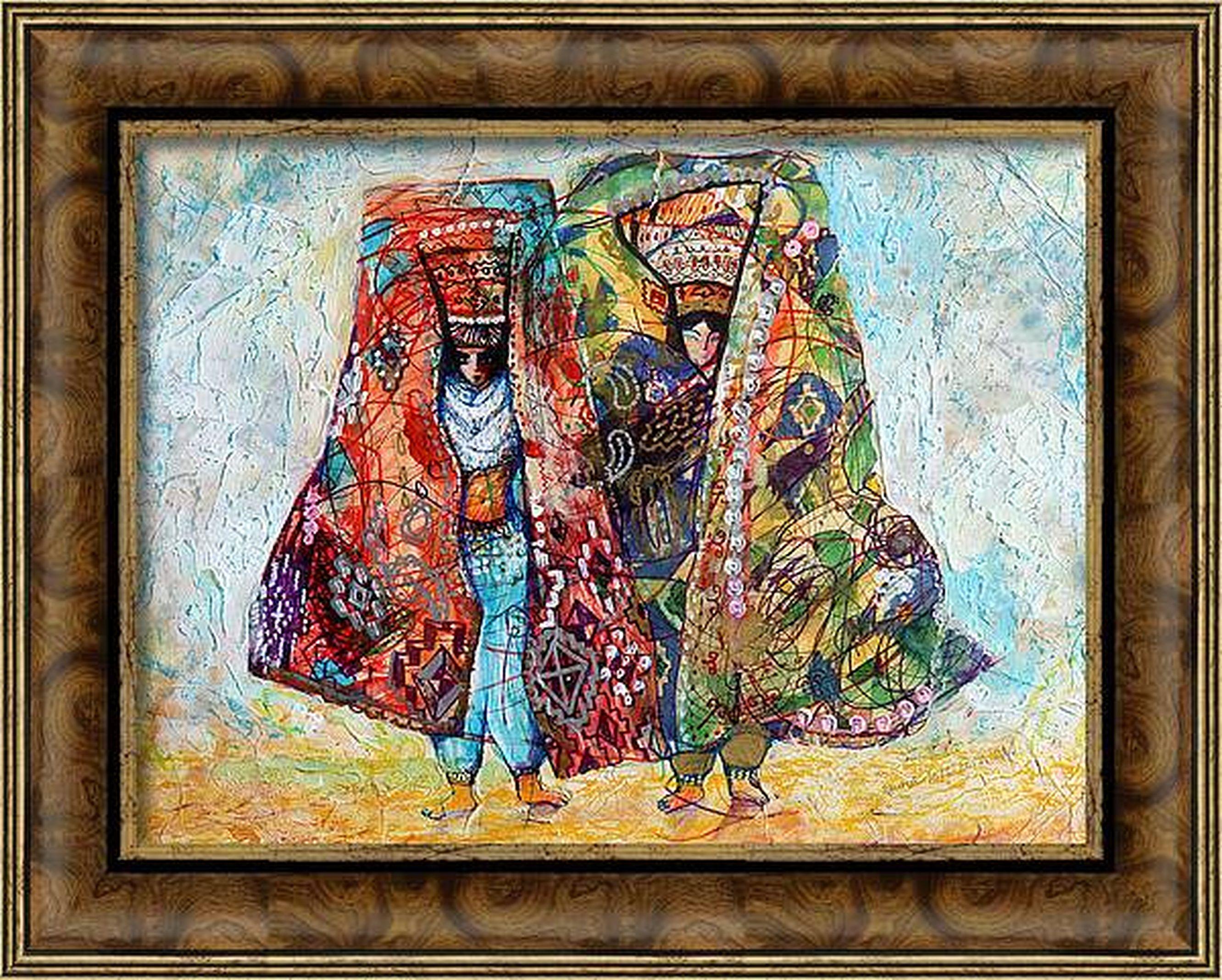 In diesem Werk habe ich die Tiefe von Tradition und Geheimnis durch ausdrucksstarke Pinselstriche und mehrschichtige Texturen erforscht. Die Mischung aus Acryl, Aquarell, Ölpastell und Tinte bringt eine reiche Lebendigkeit und rohe Emotionen zum