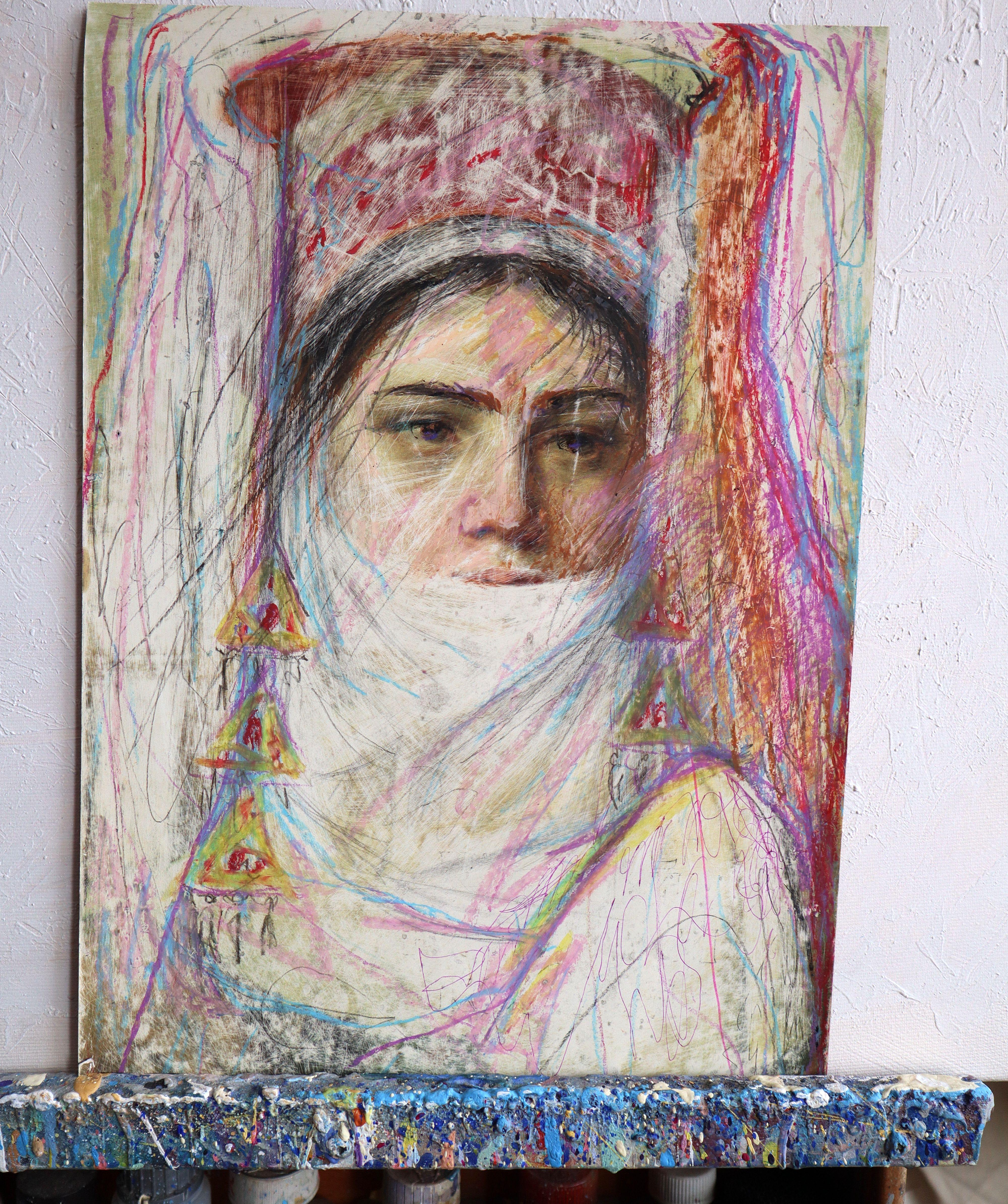 In diesem Werk habe ich mit Leidenschaft kühnen Expressionismus mit sanftem Impressionismus vermischt und mit Acryl, Aquarell, Ölpastell und Tusche einen lebendigen kulturellen Geist zum Leben erweckt. Die verschlungenen Muster und lebendigen Farben