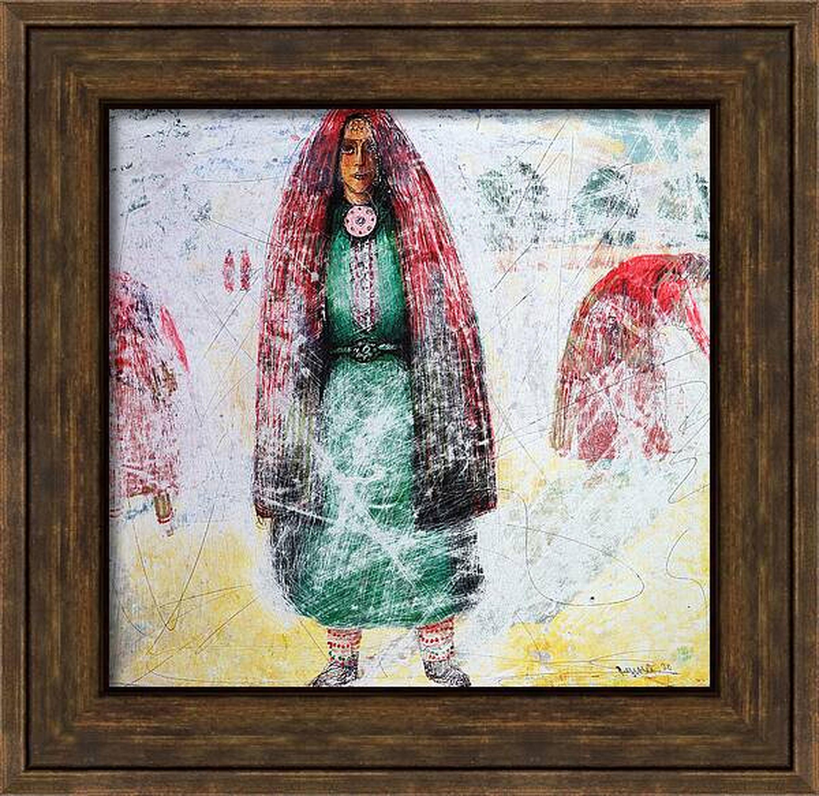 Dans cette œuvre, j'ai mis toute ma passion à mêler expressionnisme audacieux et impressionnisme doux, en utilisant de l'acrylique, de l'aquarelle, du pastel à l'huile et de l'encre pour donner vie à un esprit culturel vibrant. Les motifs complexes