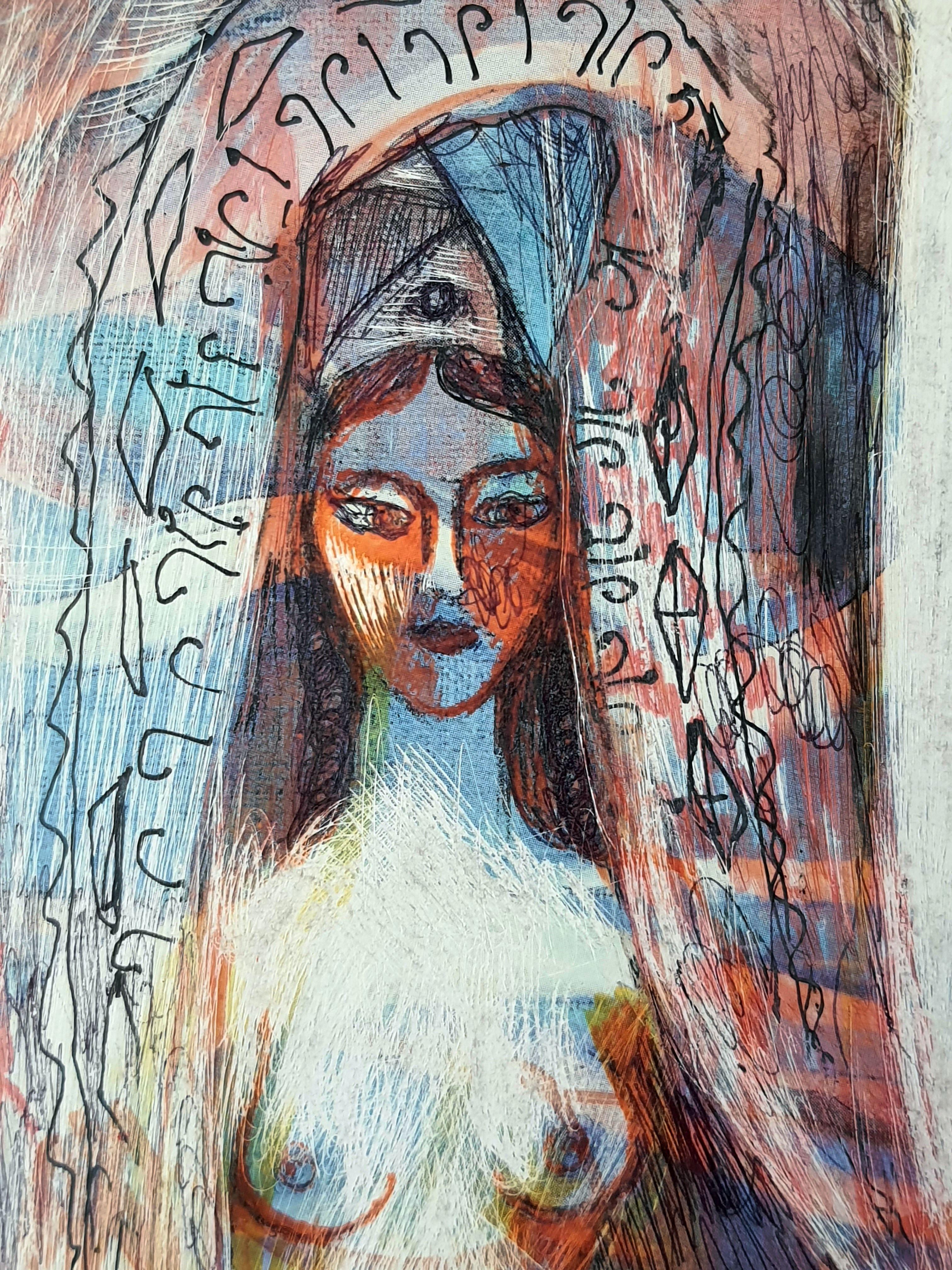 In diesem Werk habe ich mit expressionistischen und impressionistischen Pinselstrichen rohe Emotionen ausgegossen und Acryl, Aquarell, Ölpastell und Tusche vermischt, um diesen drei rätselhaften Figuren Leben einzuhauchen. Ihre fließenden Schleier