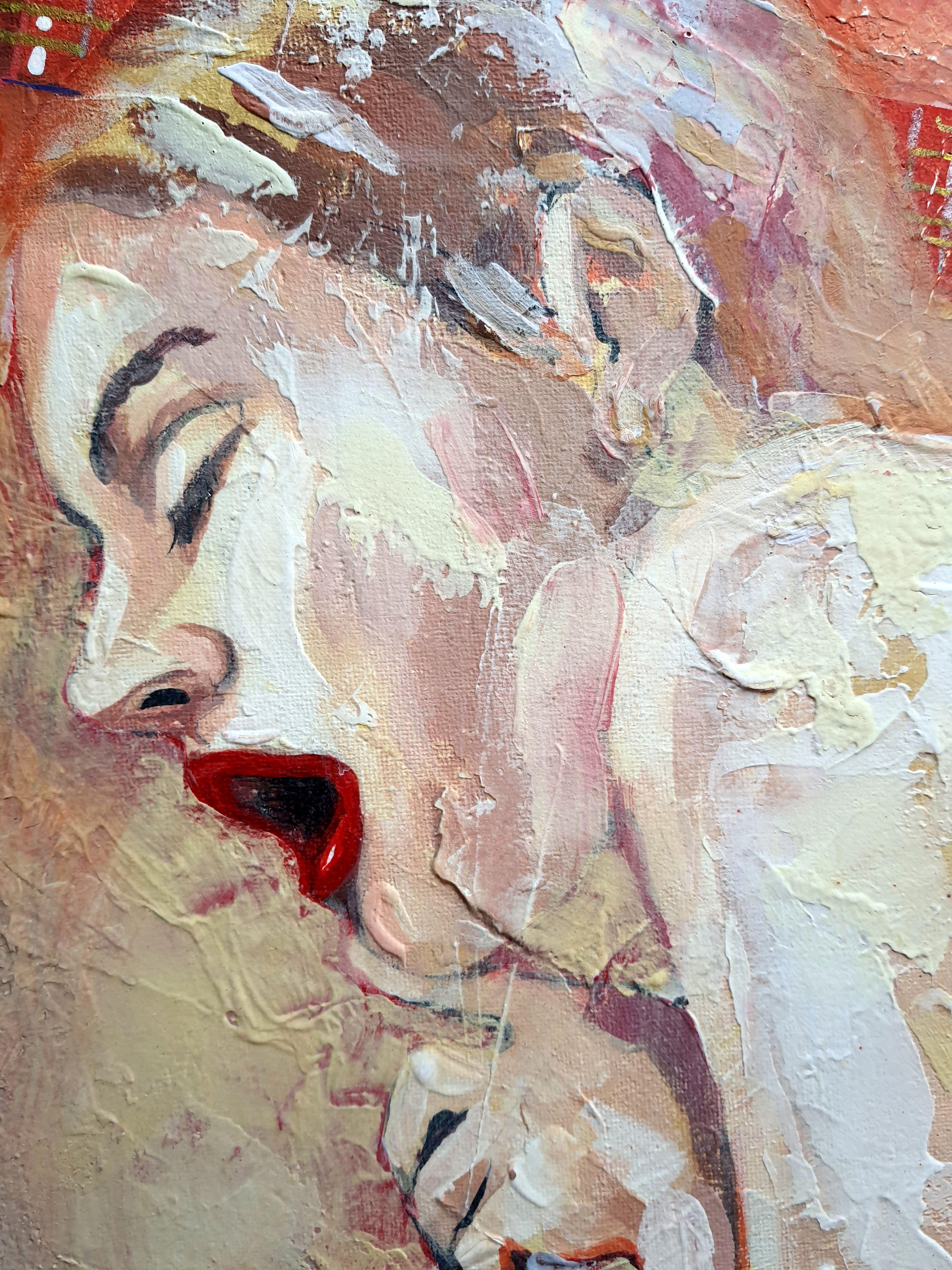 In this creation, I united expressionism, impressionism, and a touch of pop art to capture a visceral, emotional explosion. Using bold strokes of acrylic and oil, I portray the intense synergy between raw human emotion and the transformative power