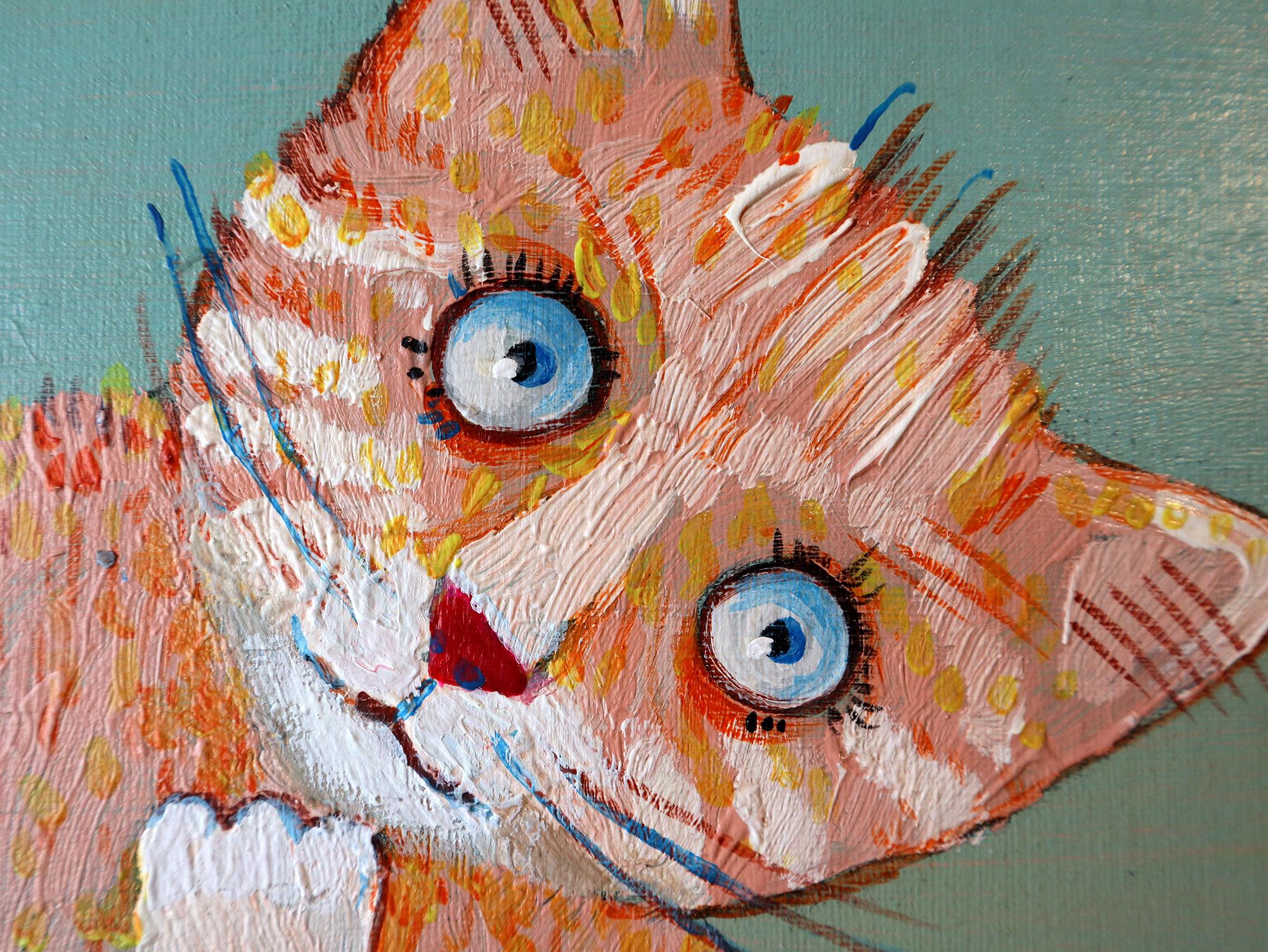 In meinem Kunstwerk habe ich eine lebendige Mischung aus Naivität und Pop-Art-Laune kanalisiert, indem ich die üppigen Texturen von Acryl und Öl verwendet habe, um einer neugierigen Katzenfigur Leben einzuhauchen. Primitivismus und