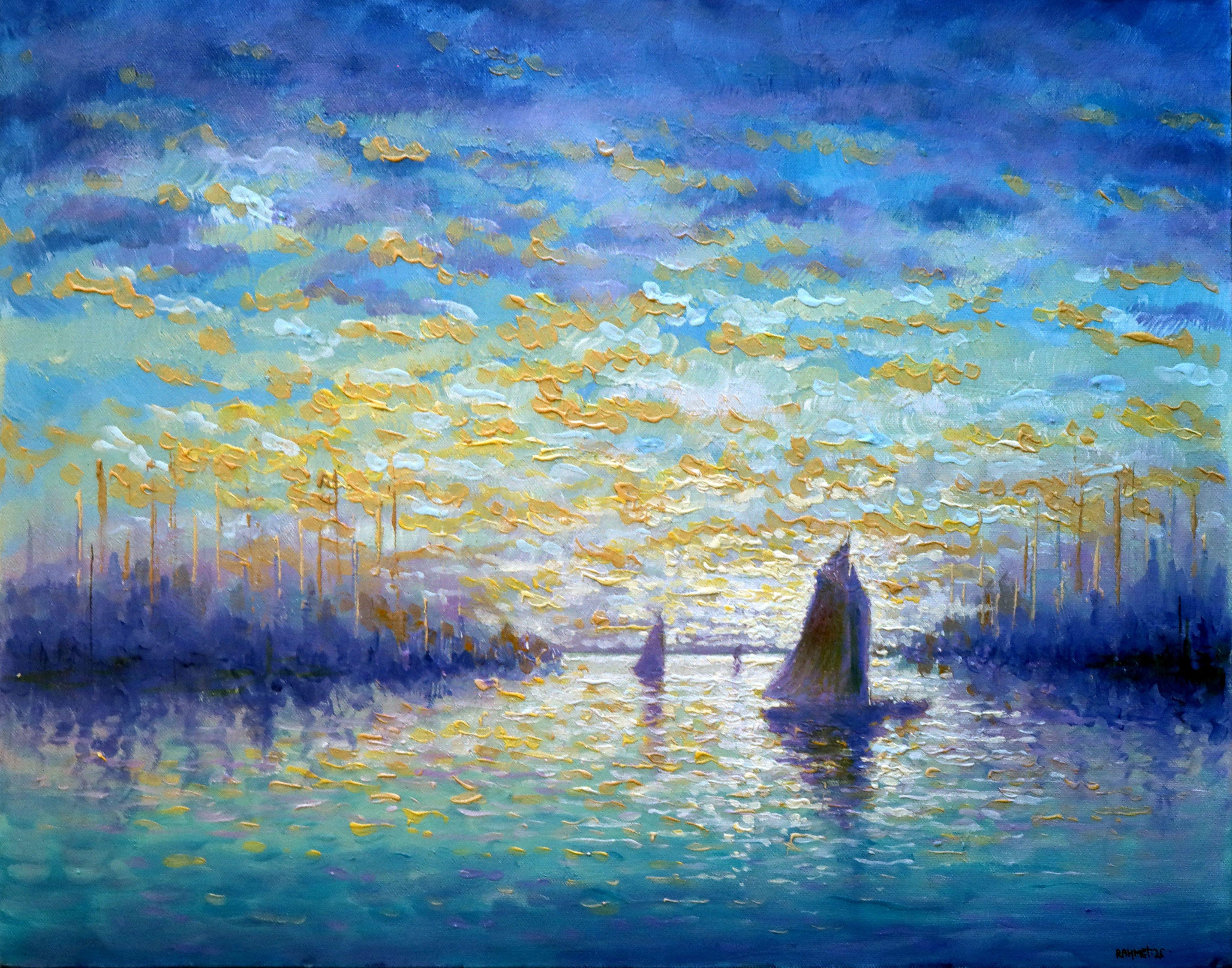 In this painting, I poured my emotions into capturing the transcendent beauty of a seascape at sunset. Using acrylic and oil, I merged expressionism with impressionism to evoke the sublime tranquility of the sea intermingling with the fiery dance of