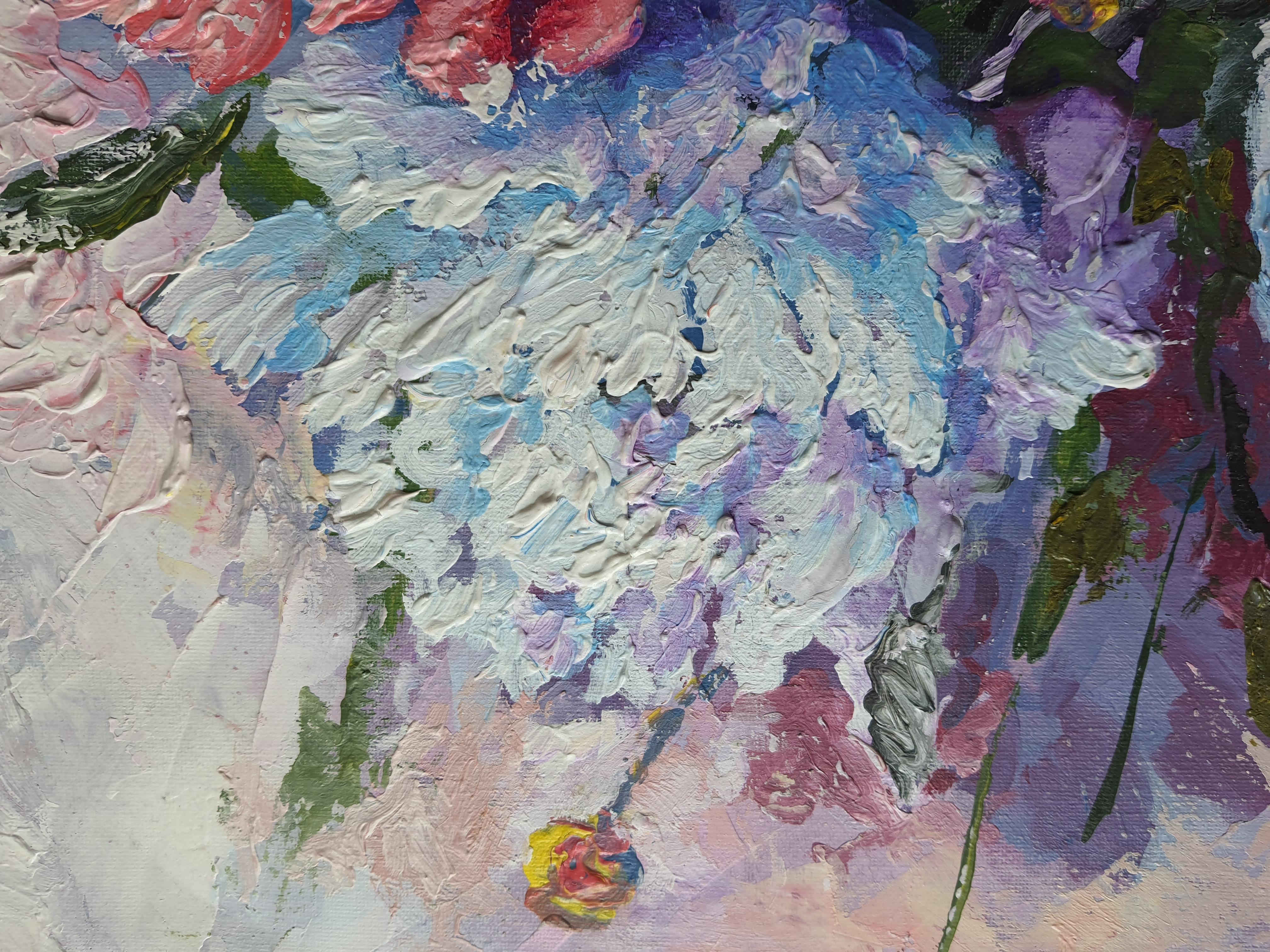 Pfingstrosen und Berge (Impressionismus), Painting, von RAKHMET REDZHEPOV (RAMZI)