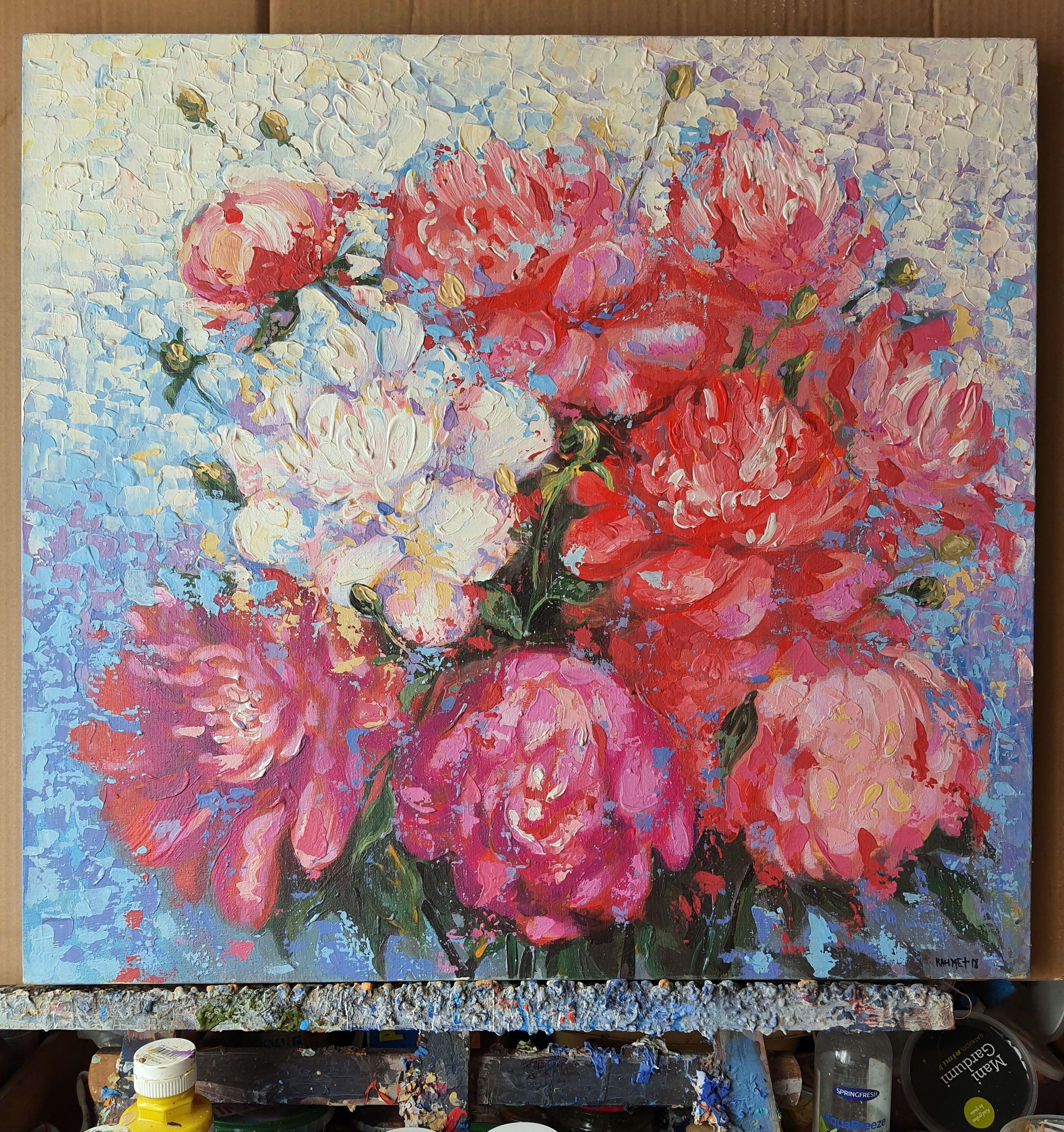 In crafting this piece, I've poured vibrant emotions into each stroke of acrylic and oil, seeking to capture the transient beauty of life through the expressionist and impressionist styles. The lush peonies burst with joy, symbolizing the radiance