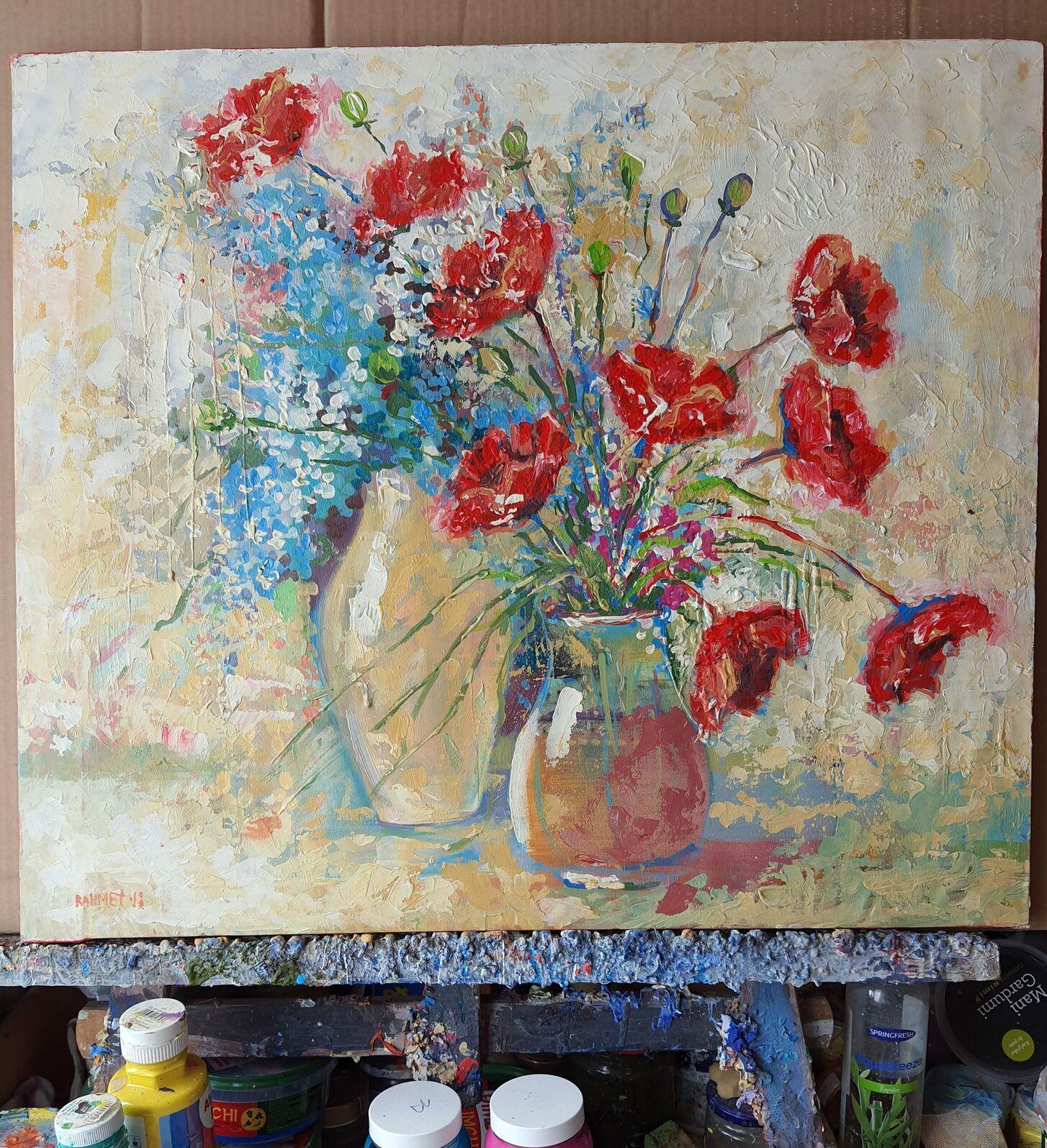  Poppies and Two Jugs - Painting by RAKHMET REDZHEPOV (RAMZI)
