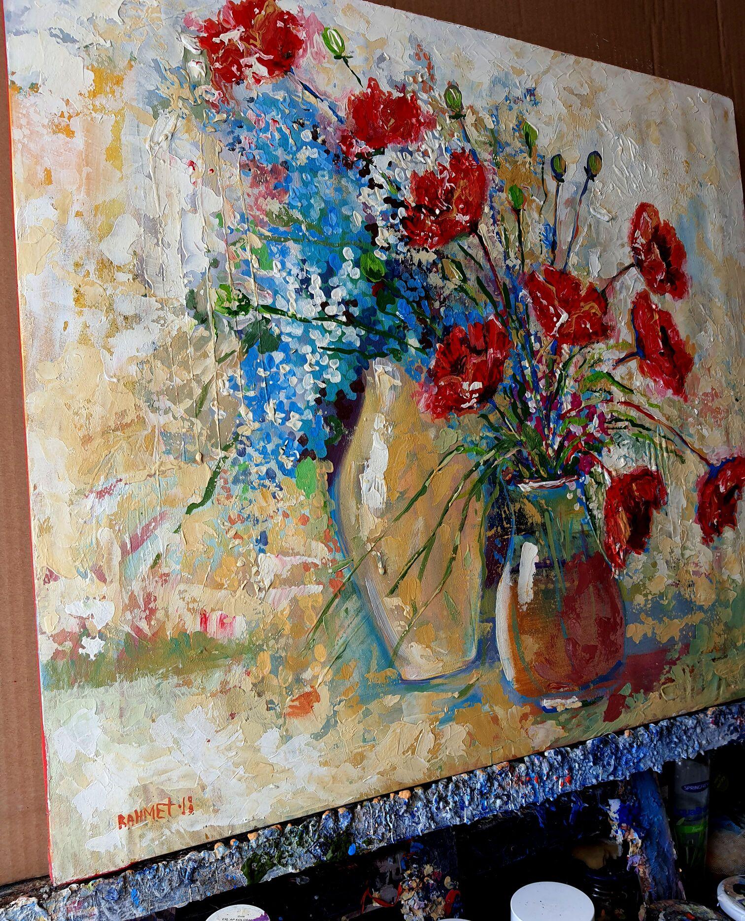 Poppies and Two Jugs - Impressionist Painting by RAKHMET REDZHEPOV (RAMZI)