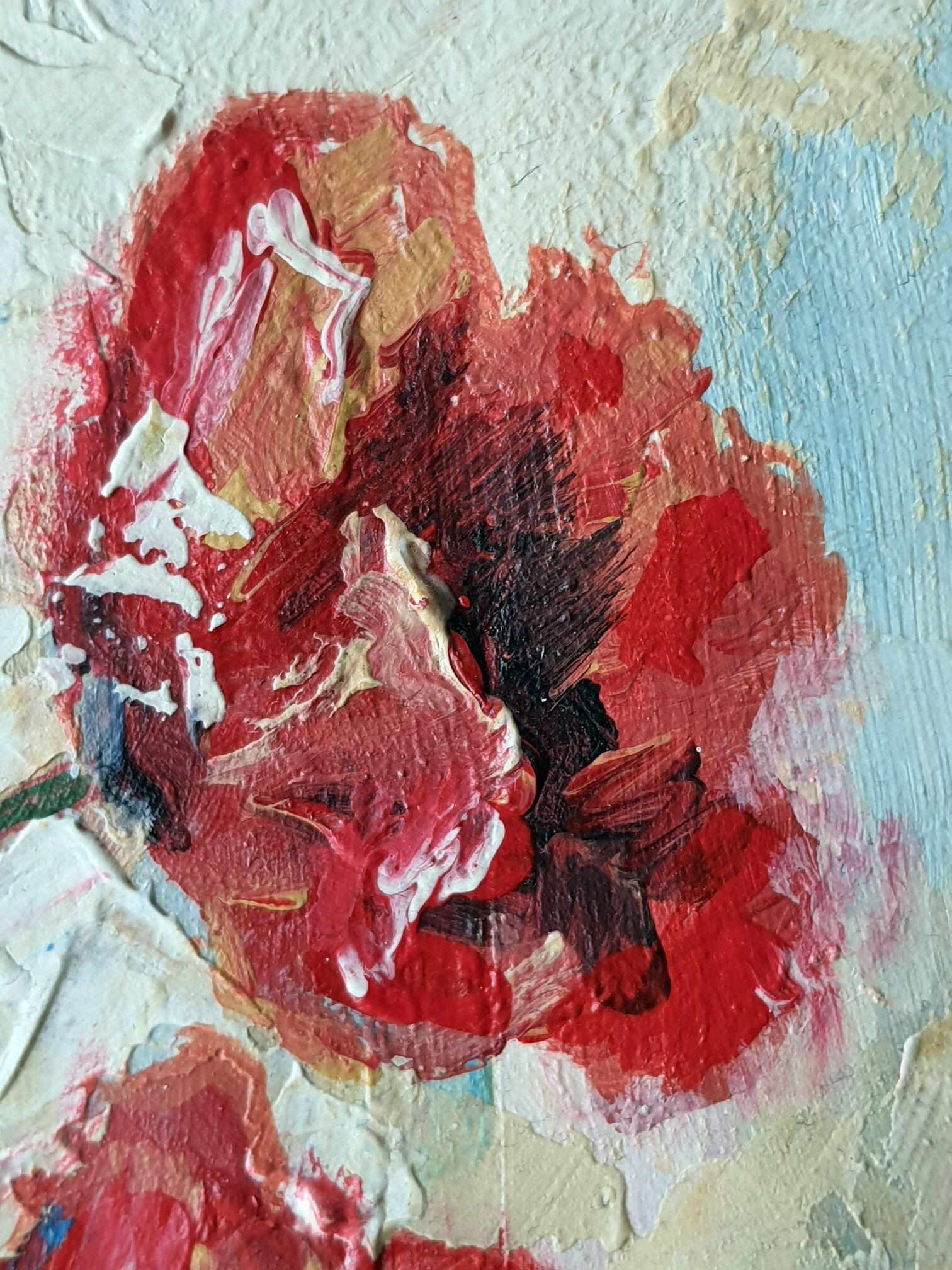 In crafting this piece, I've poured vibrant emotions into each stroke of acrylic and oil, seeking to capture the transient beauty of life through the expressionist and impressionist styles. The lush peonies burst with joy, symbolizing the radiance