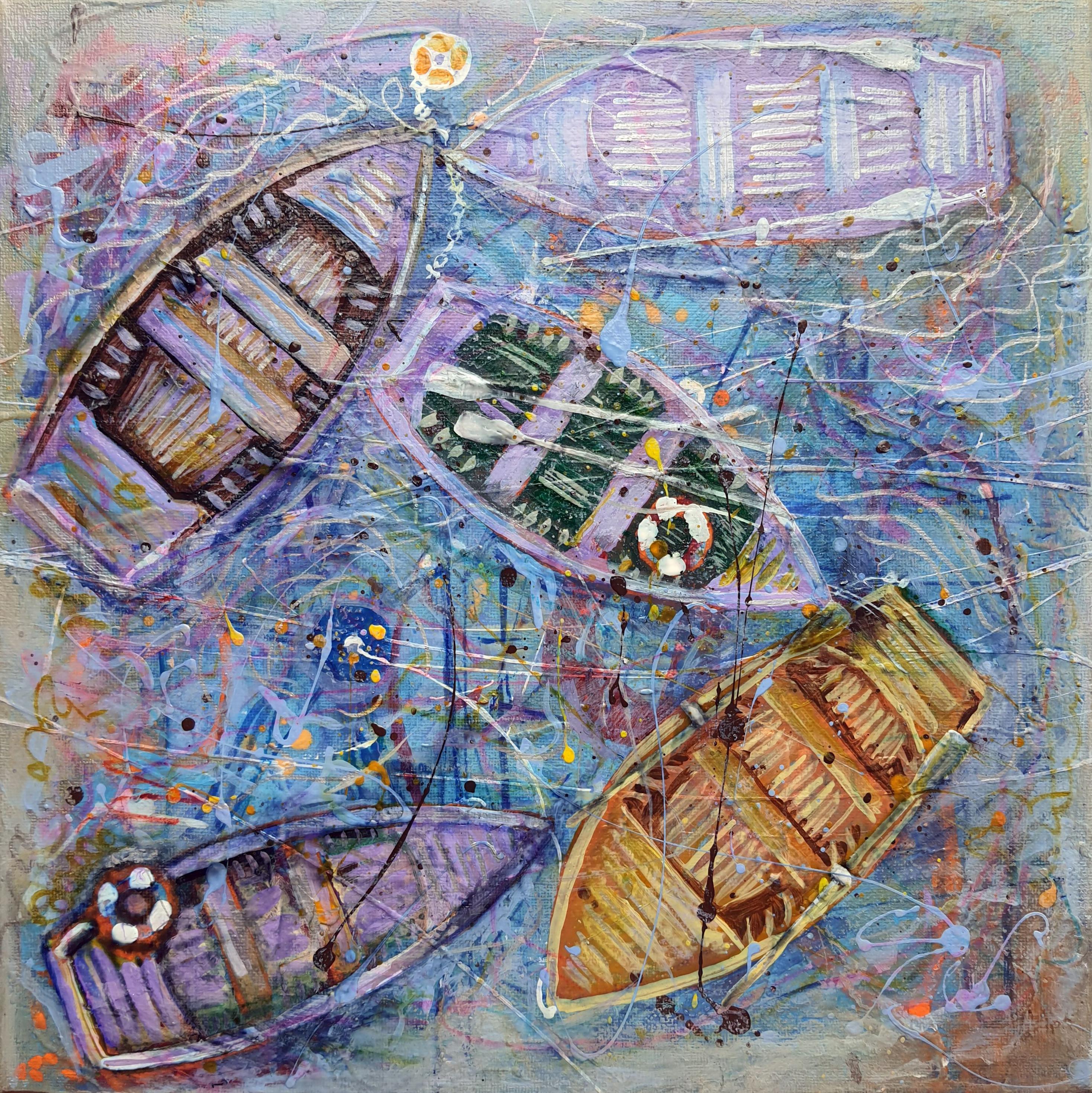 RAKHMET REDZHEPOV (RAMZI) Landscape Painting - Purple Boats