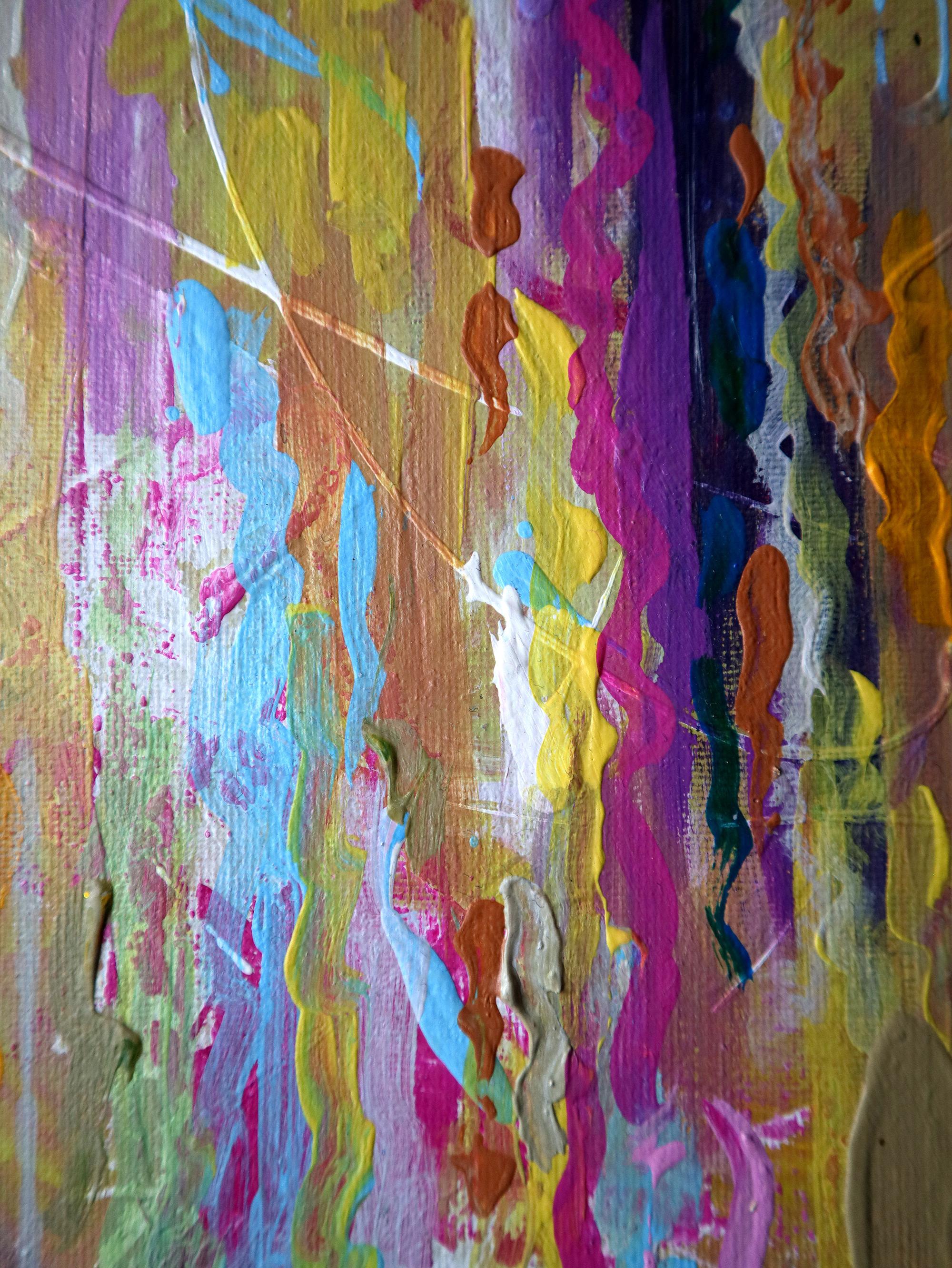 Dans cette peinture, j'ai adopté la danse vibrante des couleurs et des textures pour capturer un sentiment à la fois de chaos et d'harmonie. À l'acrylique et à l'huile, j'ai superposé les touches avec passion, laissant chaque teinte chanter avec sa