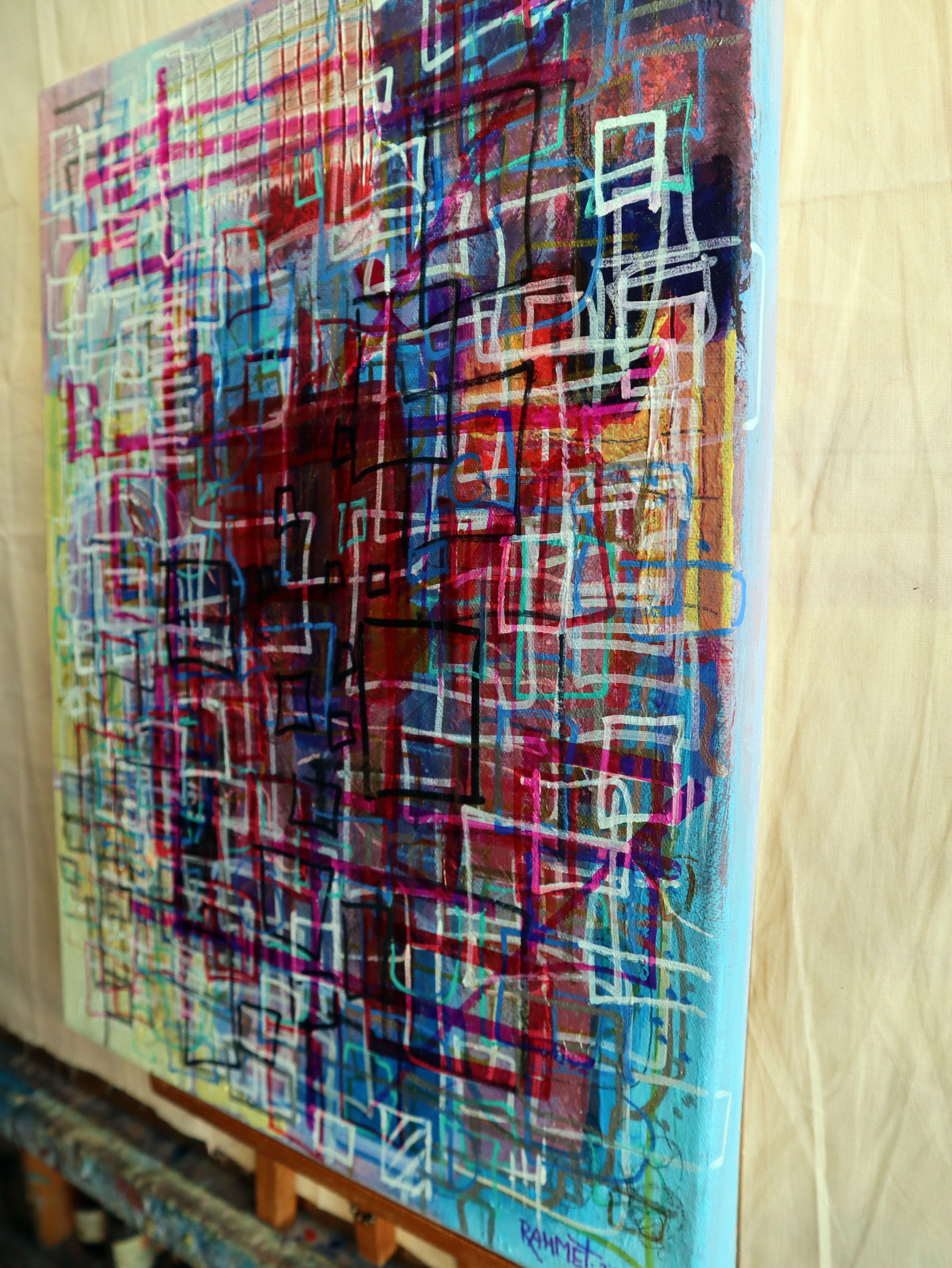 En este vívido tapiz de color y emoción, he mezclado acrílicos, óleos y lápices de colores para crear una escena en la que los pensamientos abstractos chocan con el expresionismo crudo. 
Los trazos simbólicos y los tonos impresionistas danzan