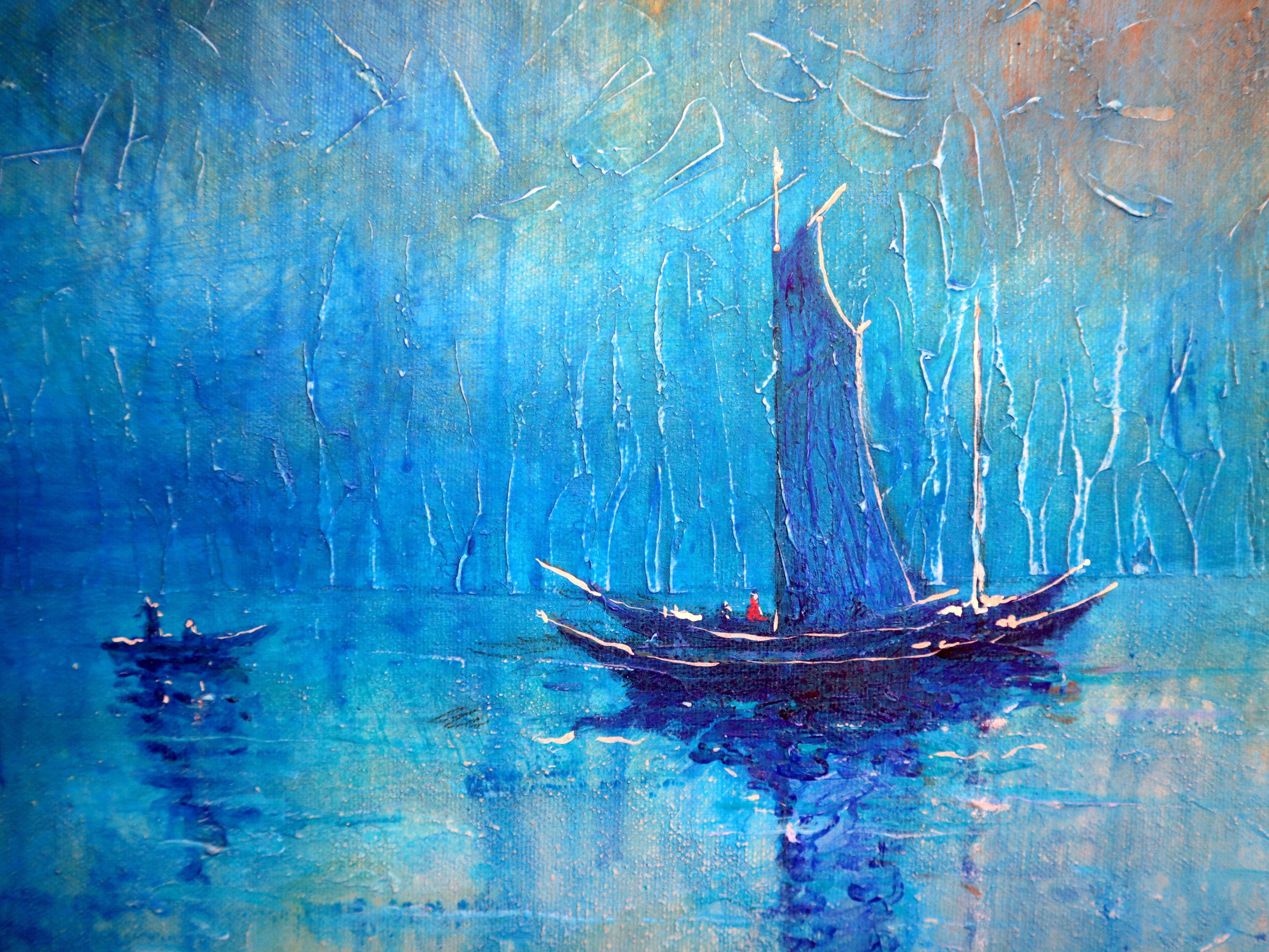 In this painting, I explored the synergy between light and water, capturing a moment of serene beauty. I used acrylics and oils to create depth and texture, imbuing the canvas with the tranquil blues of the sea and the warmth of a setting sun. My