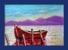 Red Boat , Seascape Painting, Impasto, 20x28 cm, New