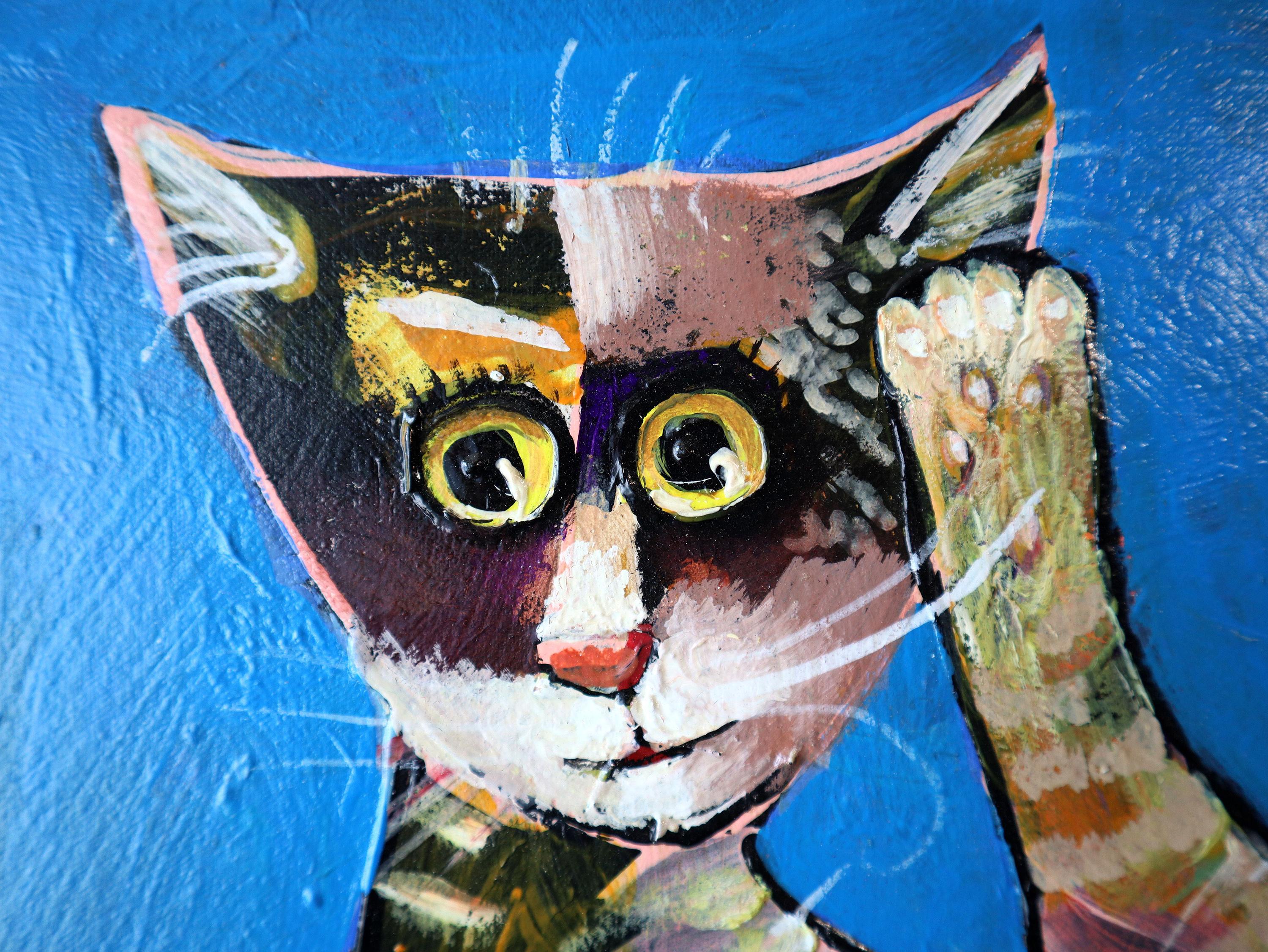 I crafted this painting using a vibrant mix of acrylic and oil, merging naive art with pop art energy, infusing the spirit of primitivism and a touch of impressionism. It's a visual melody of innocence and intrigue, as the playful feline embodies a