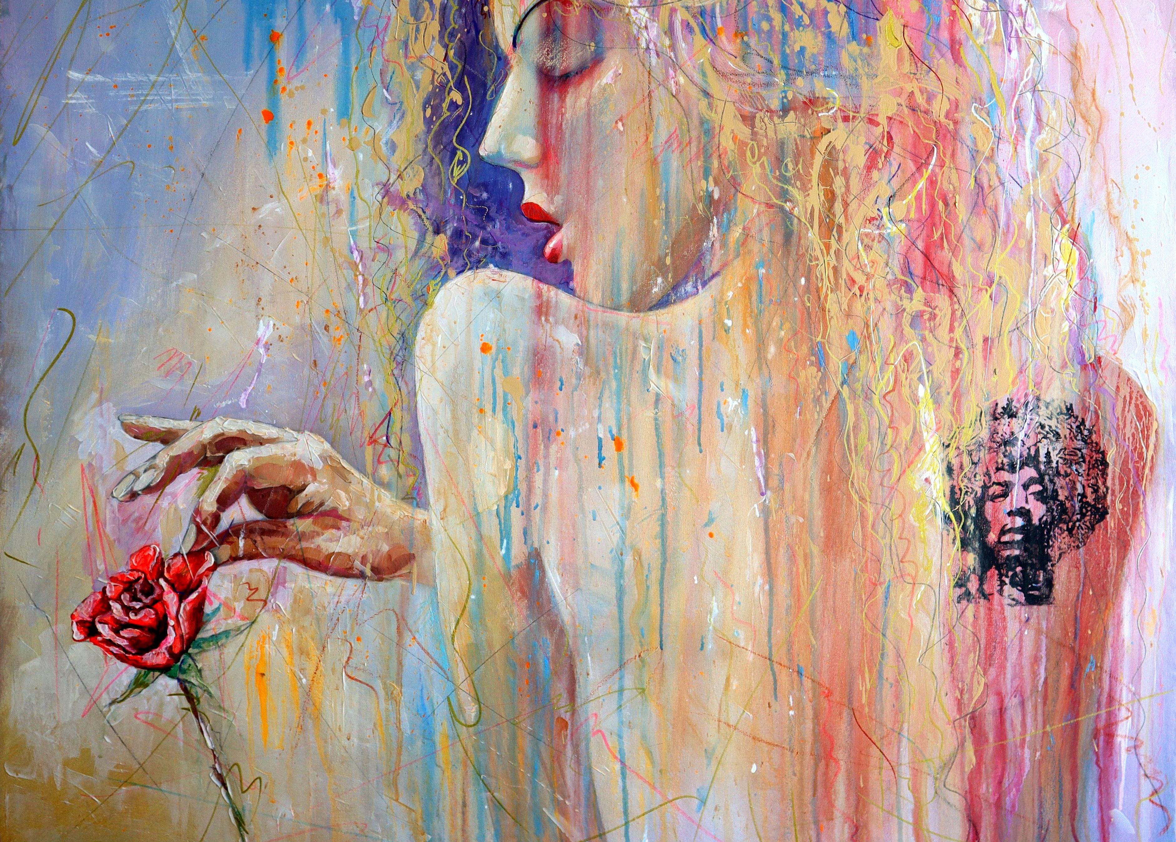 Rose, Girl, Tattoo and Hendrix - Impressionist Painting by RAKHMET REDZHEPOV (RAMZI)