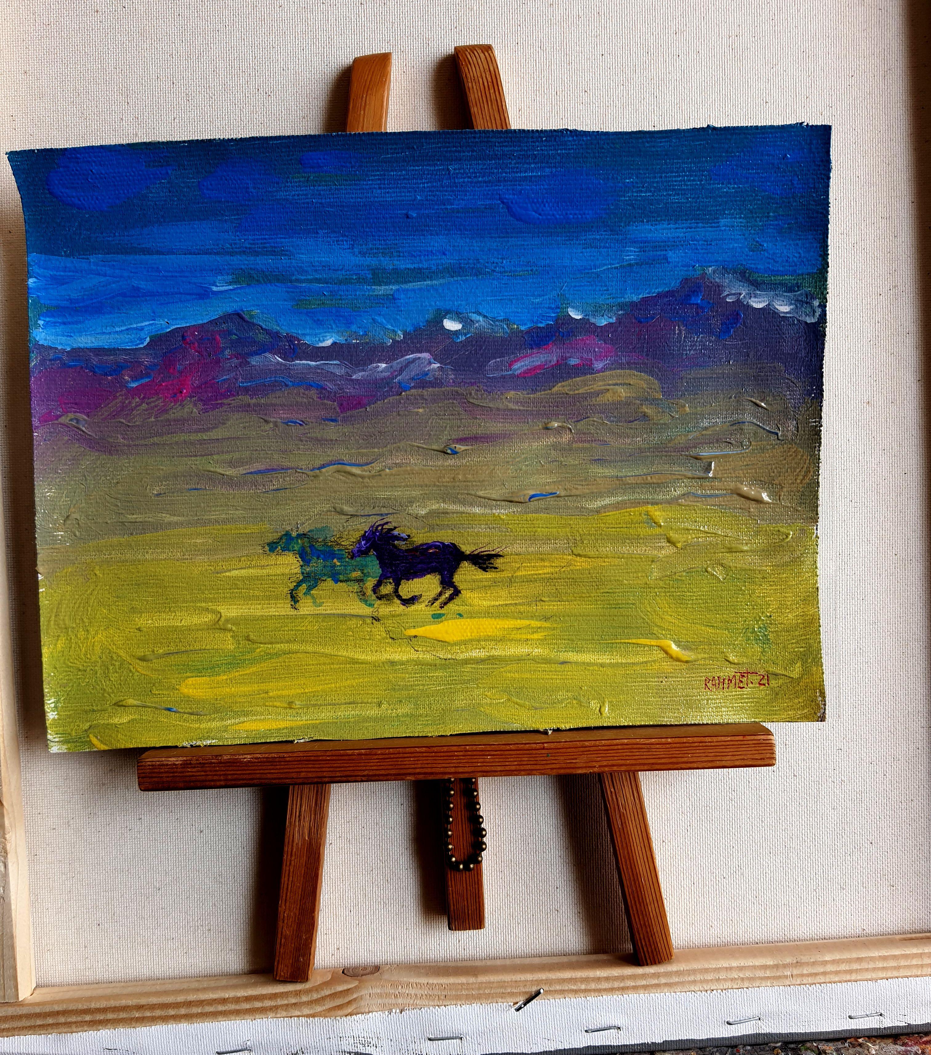 In this painting, I've captured the vibrant essence of freedom and movement against a backdrop of majestic mountains and an expansive sky. The bold strokes of acrylic and oil blend abstract and impressionistic styles, portraying a spirited horse