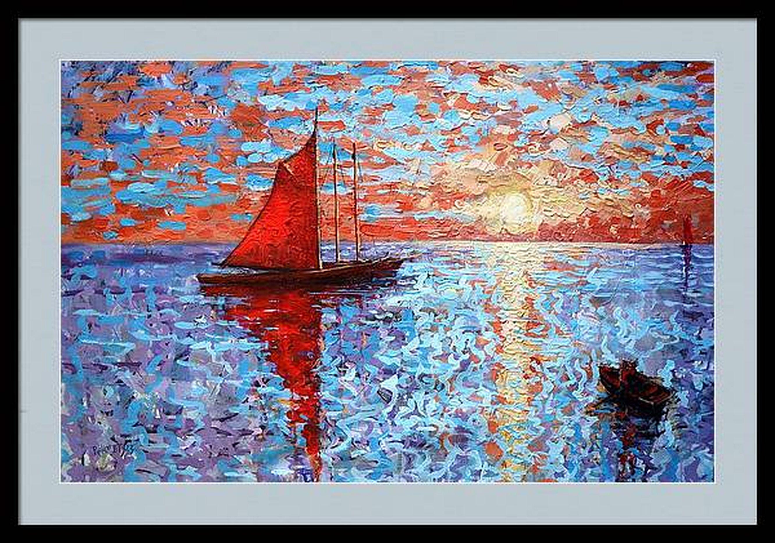 In crafting this piece, I wielded acrylic and oil to capture an evocative dance of color and light. The blend of impressionist and expressionist styles breathes life into the serene expanse of water, while the vivid sail cuts through the tranquil