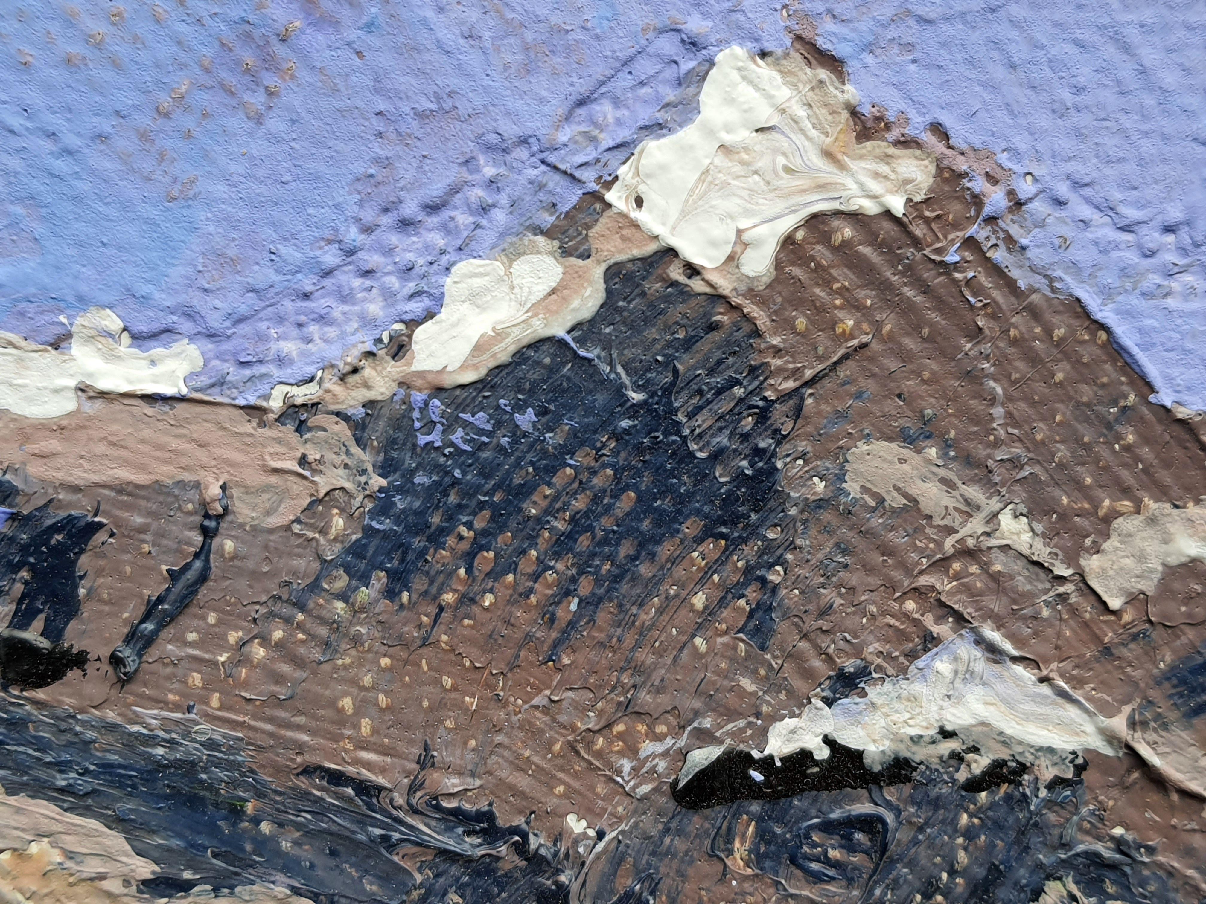 In this oil painting, I've endeavored to capture the rugged, raw beauty of a majestic mountain range descending into a vibrant, lively sea coast. Employing techniques from impressionism and expressionism, I wanted to evoke feelings of awe and