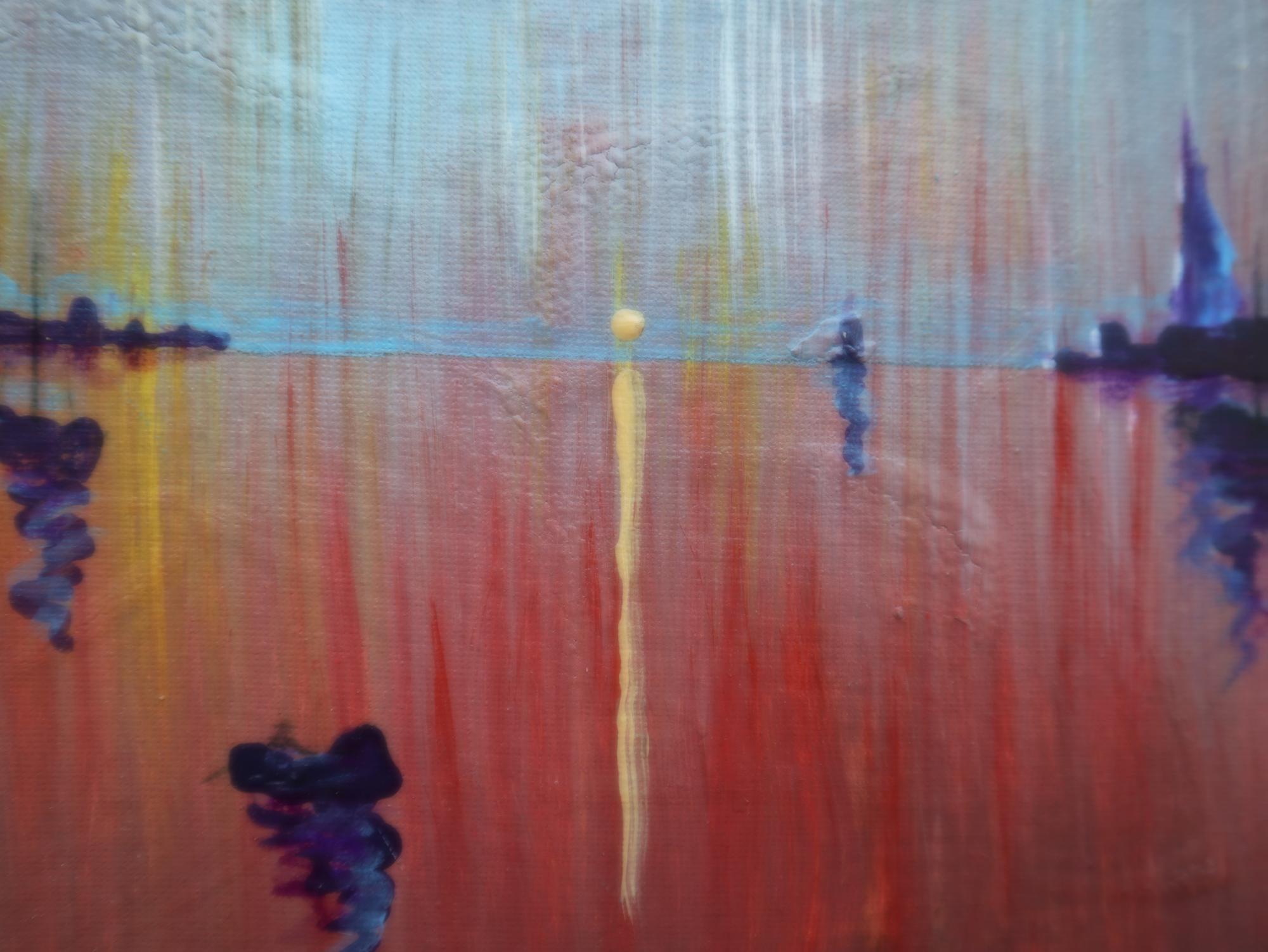 In diesem Gemälde fange ich den flüchtigen Zauber der Dämmerung über dem Meer ein. Mit expressionistischen und impressionistischen Techniken habe ich leuchtende Ölfarben übereinander gelegt, um die kühne Stimmung des sich im Wasser spiegelnden